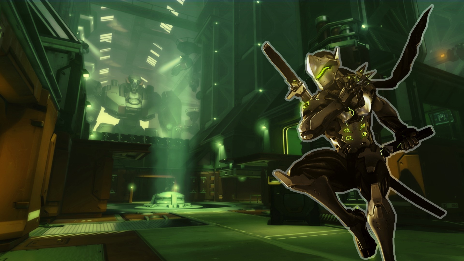 Genji from Overwatch in a futuristic facility HD Wallpaper
