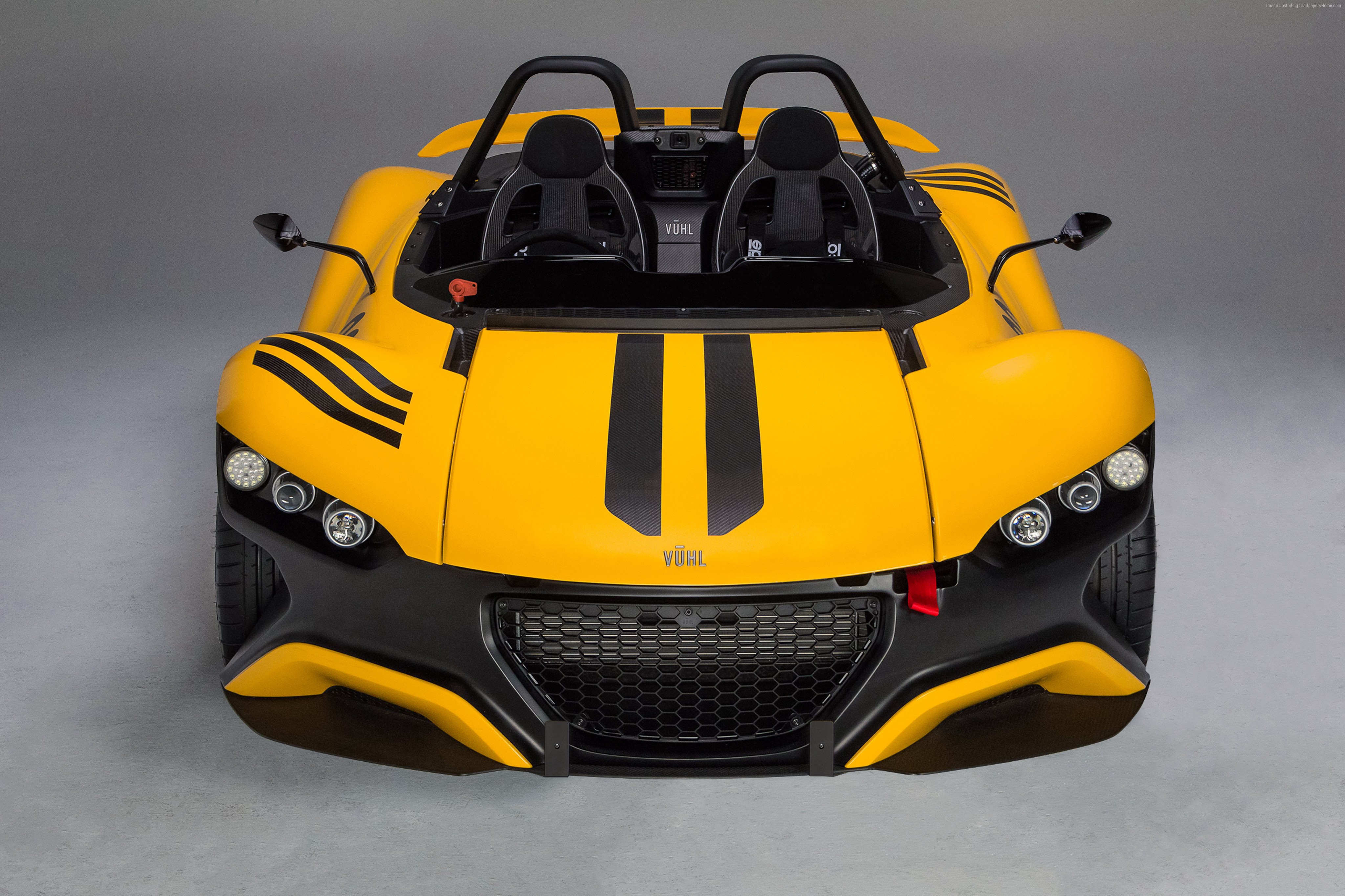 Yellow Vuhl 05 sportscar with black racing stripes HD Wallpaper