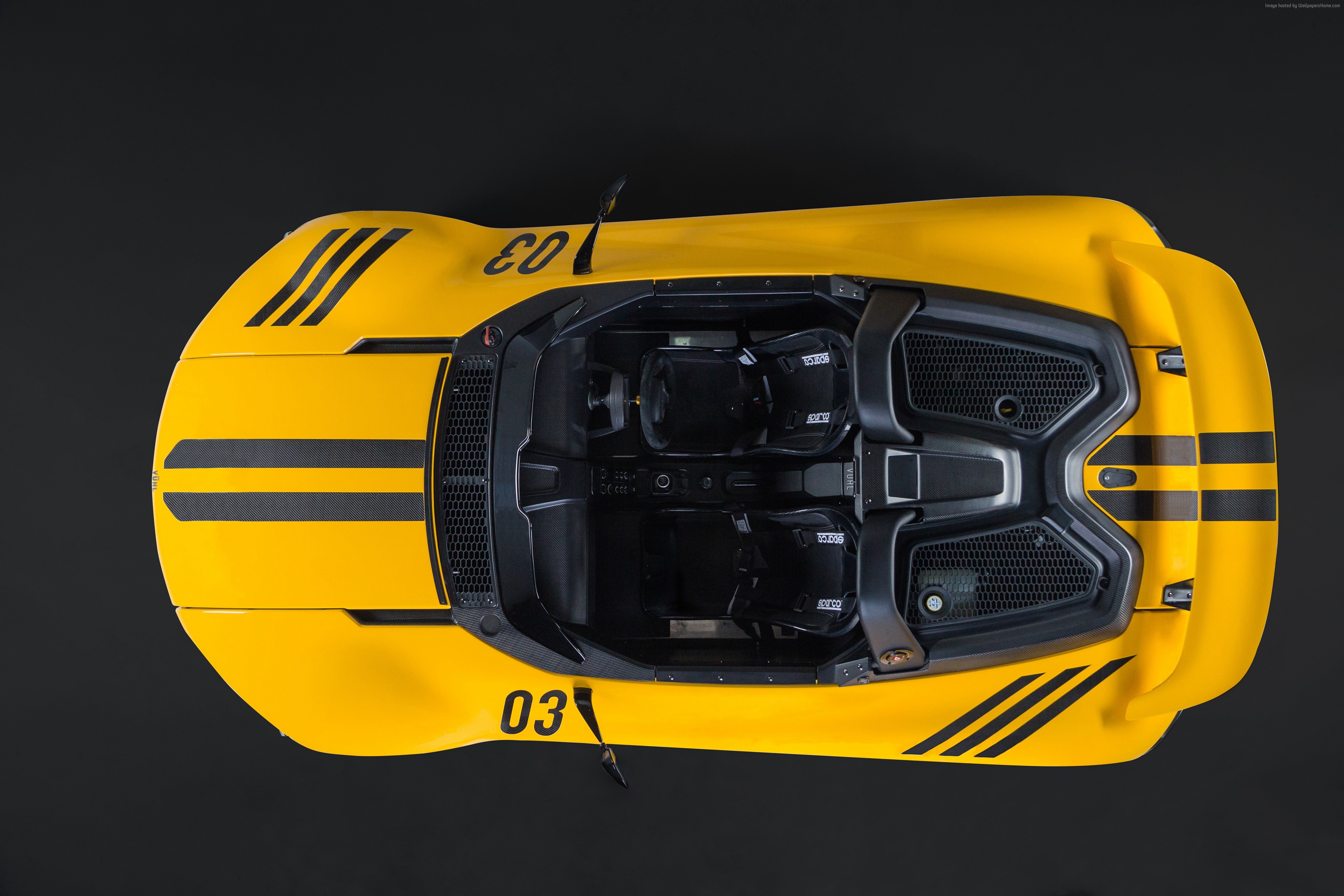 Yellow Vuhl 05 sports car with black stripes HD Wallpaper