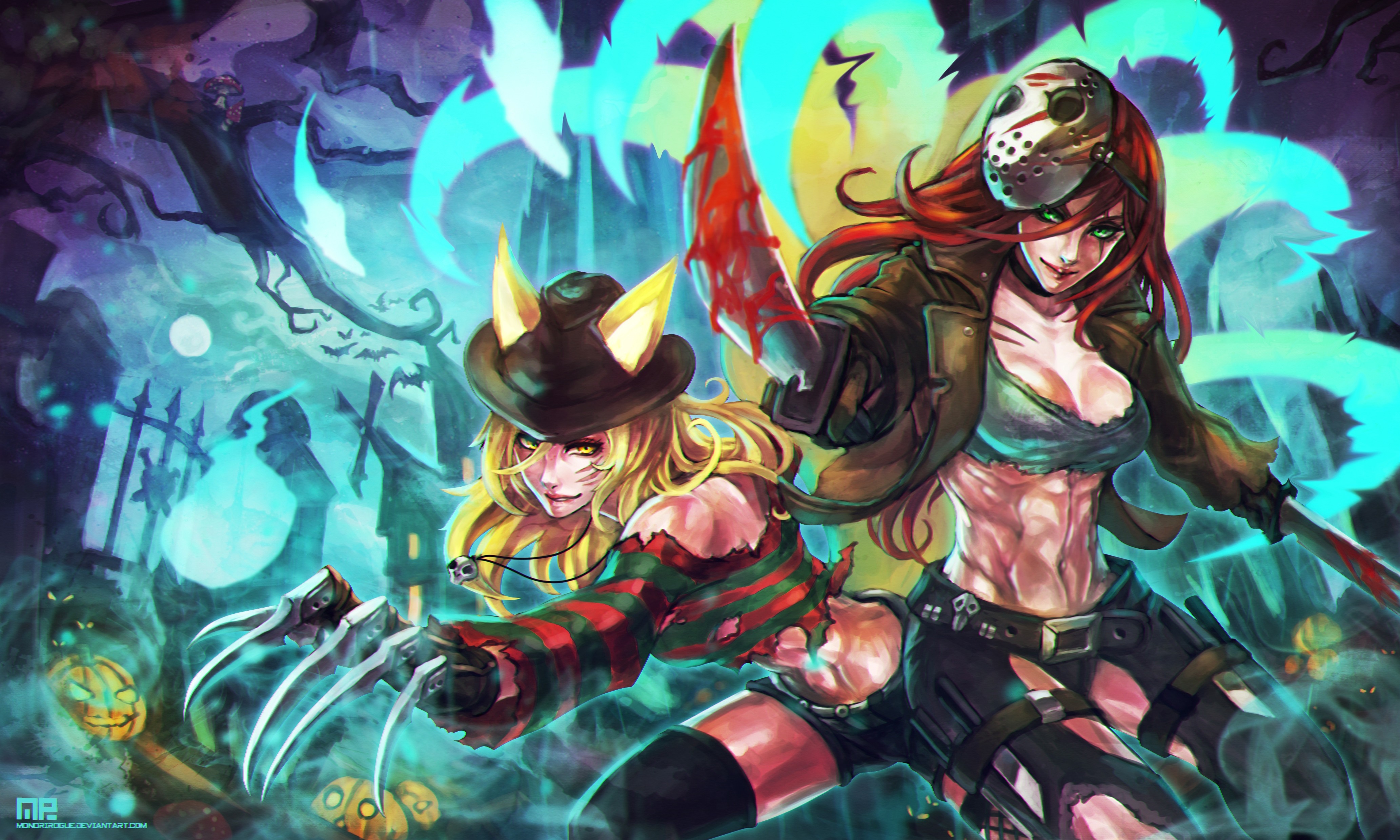 Katarina and Ahri from League of Legends in Halloween costumes HD Wallpaper