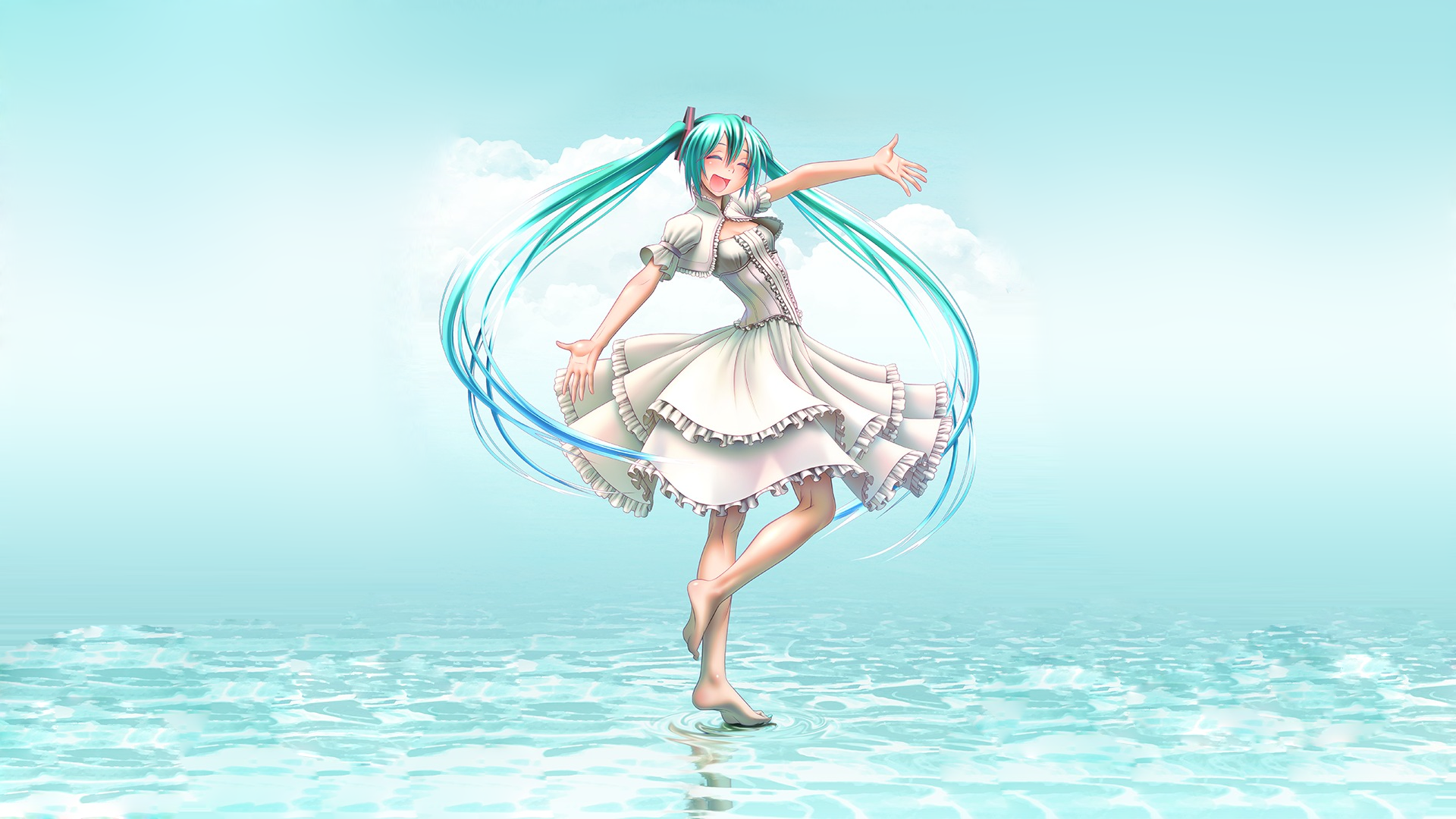 Hatsune Miku from Vocaloid dancing on water HD Wallpaper