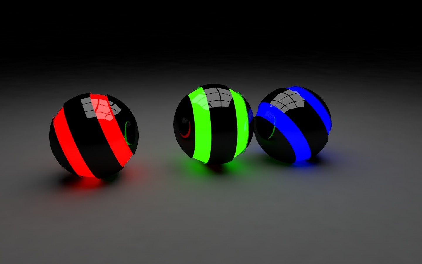 Three glowing spheres with colored stripes on a dark background HD Wallpaper