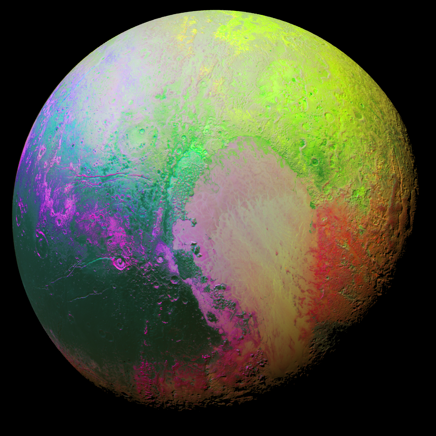 Pluto's colorful surface with craters and mountains HD Wallpaper
