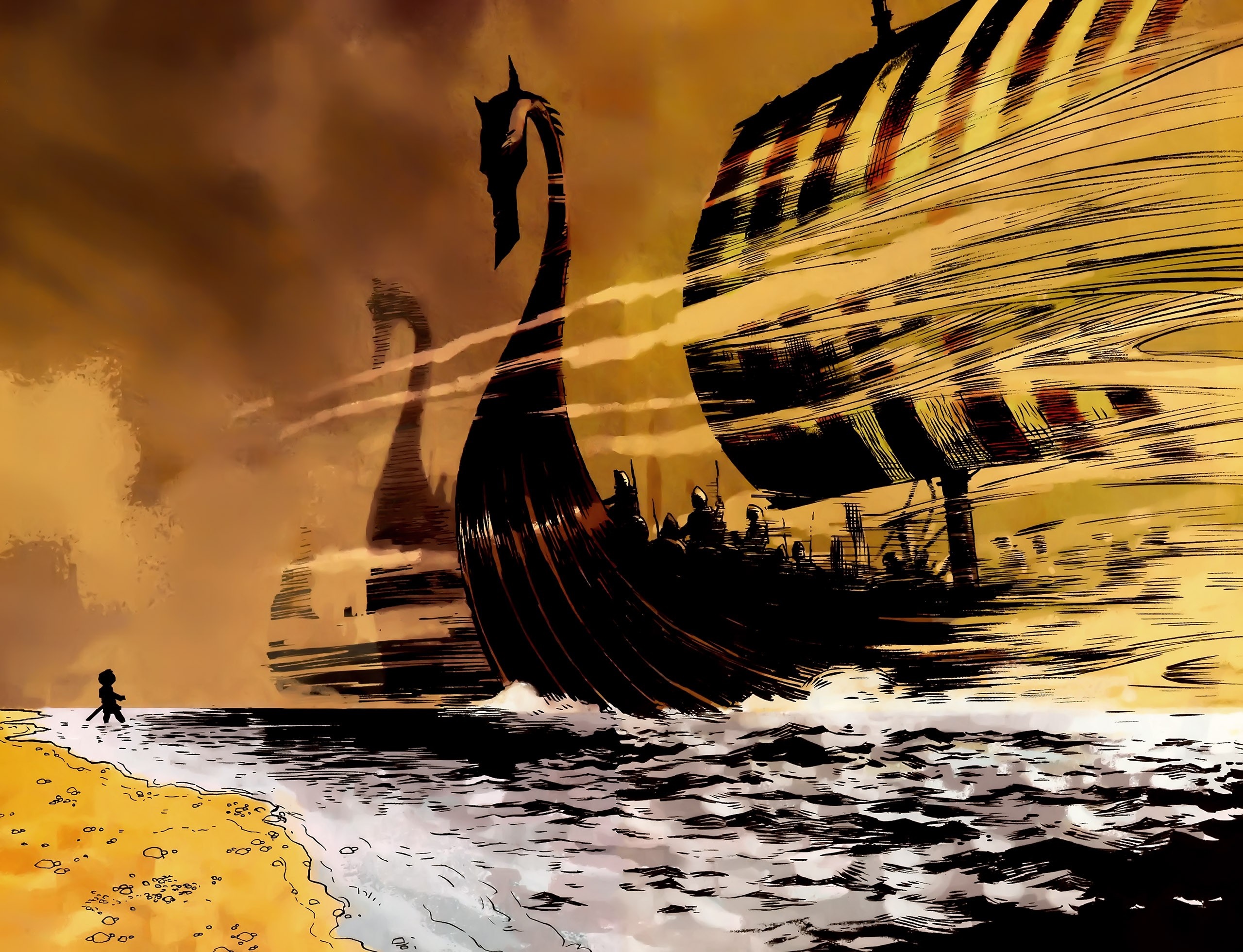 Viking ships sailing on the sea at sunset HD Wallpaper