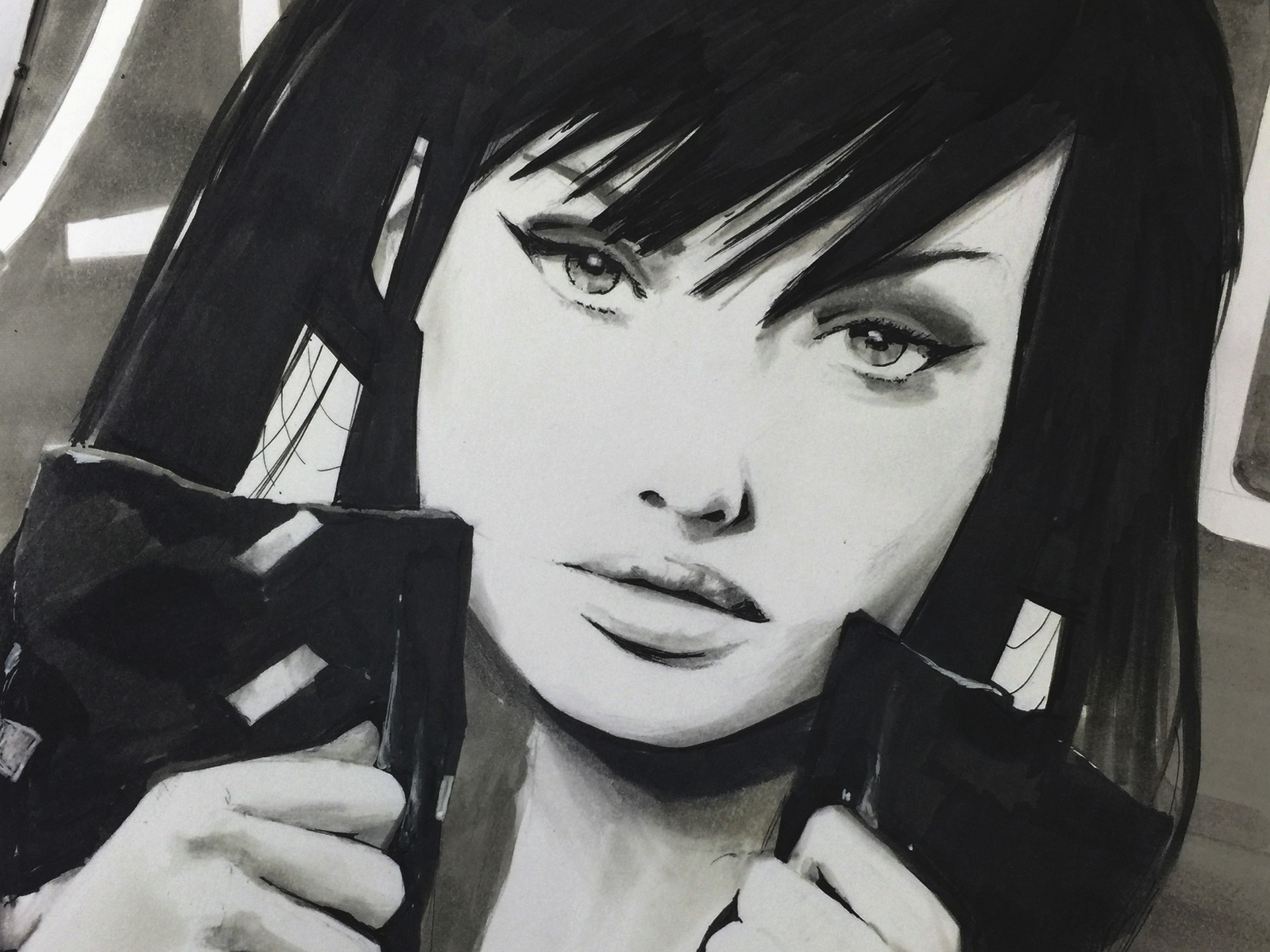 Monochrome portrait of a woman with black hair HD Wallpaper