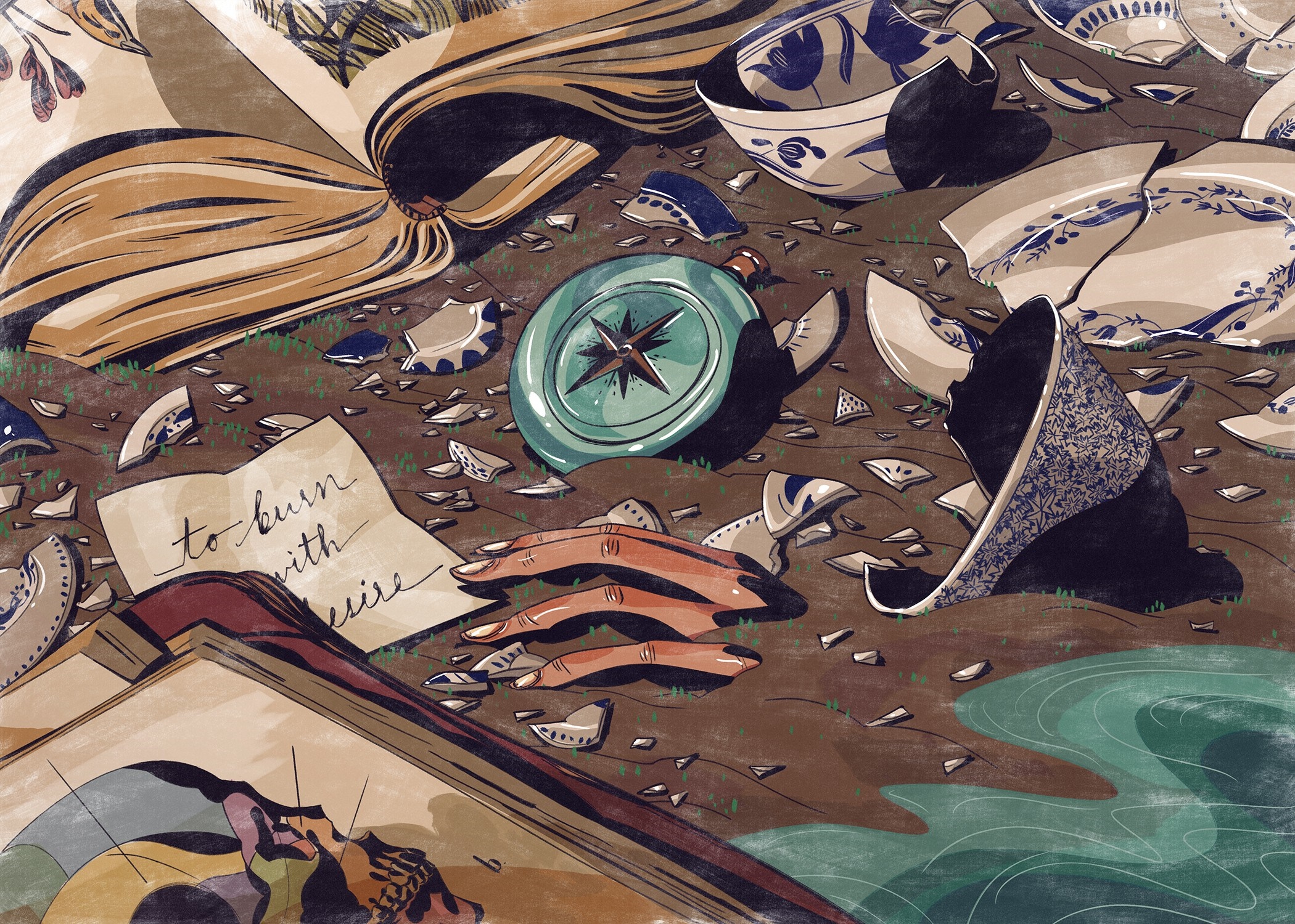 Illustration of broken pottery, a compass, and a hand HD Wallpaper