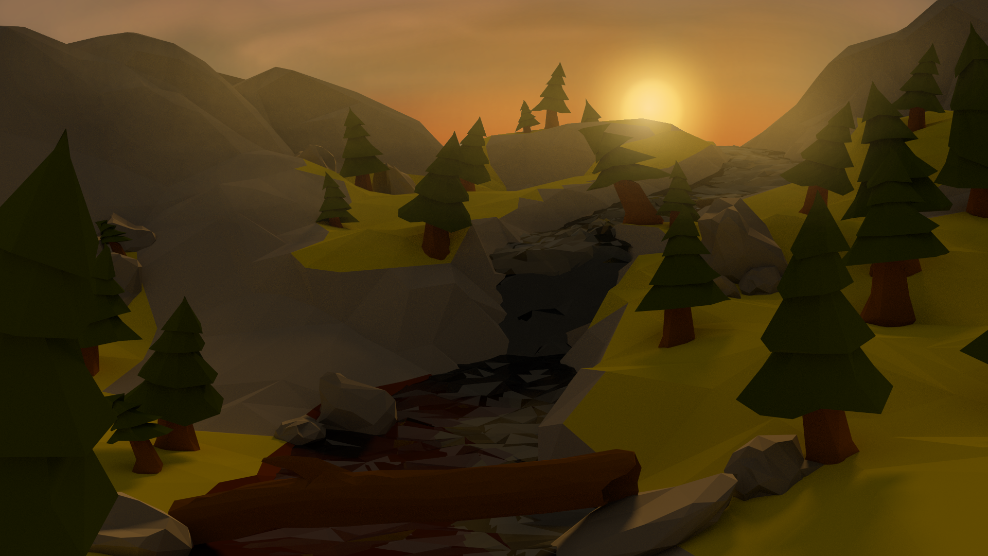 Low poly mountain landscape at sunset with a stream HD Wallpaper