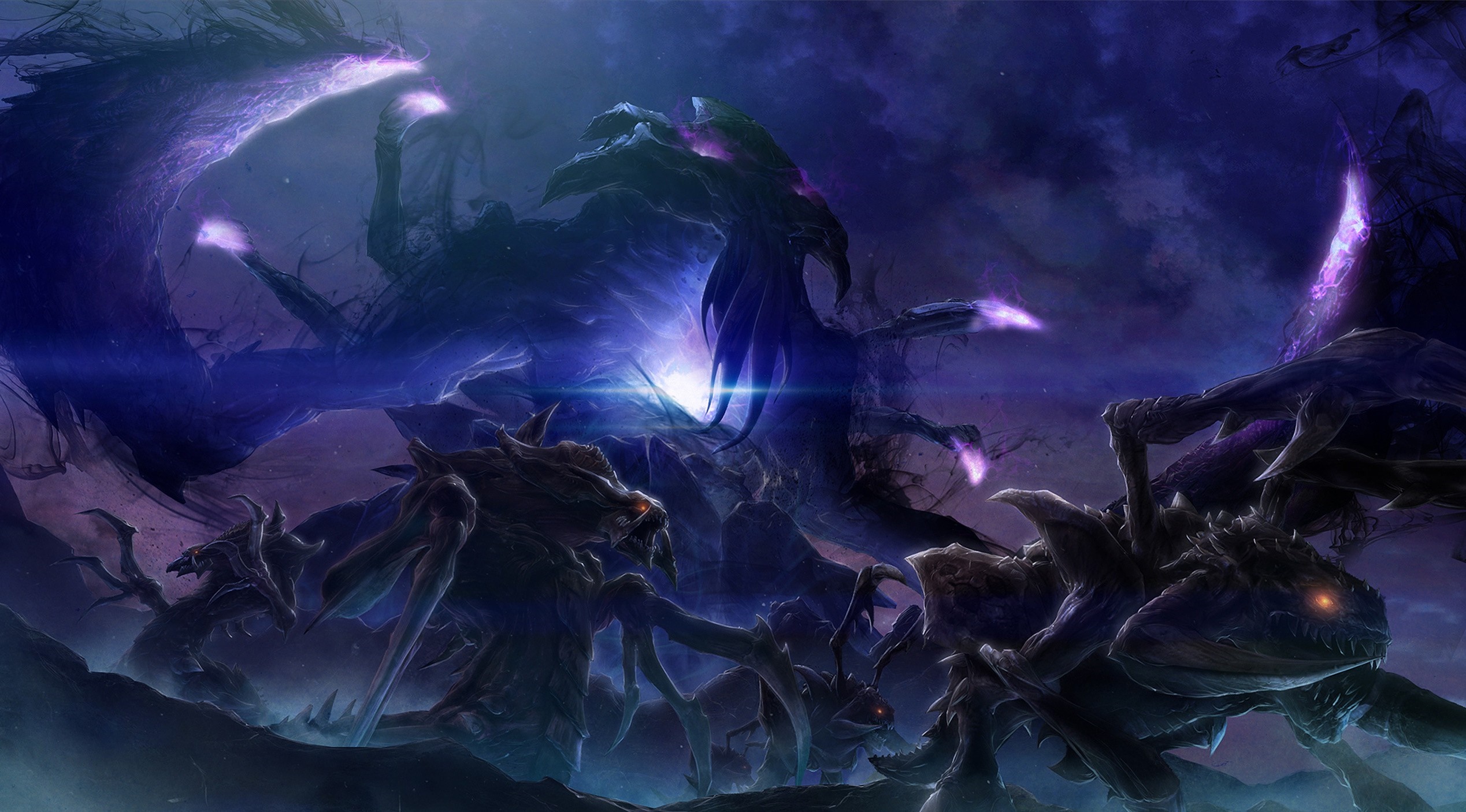 Starcraft II Zerg creatures in a dark landscape HD Wallpaper