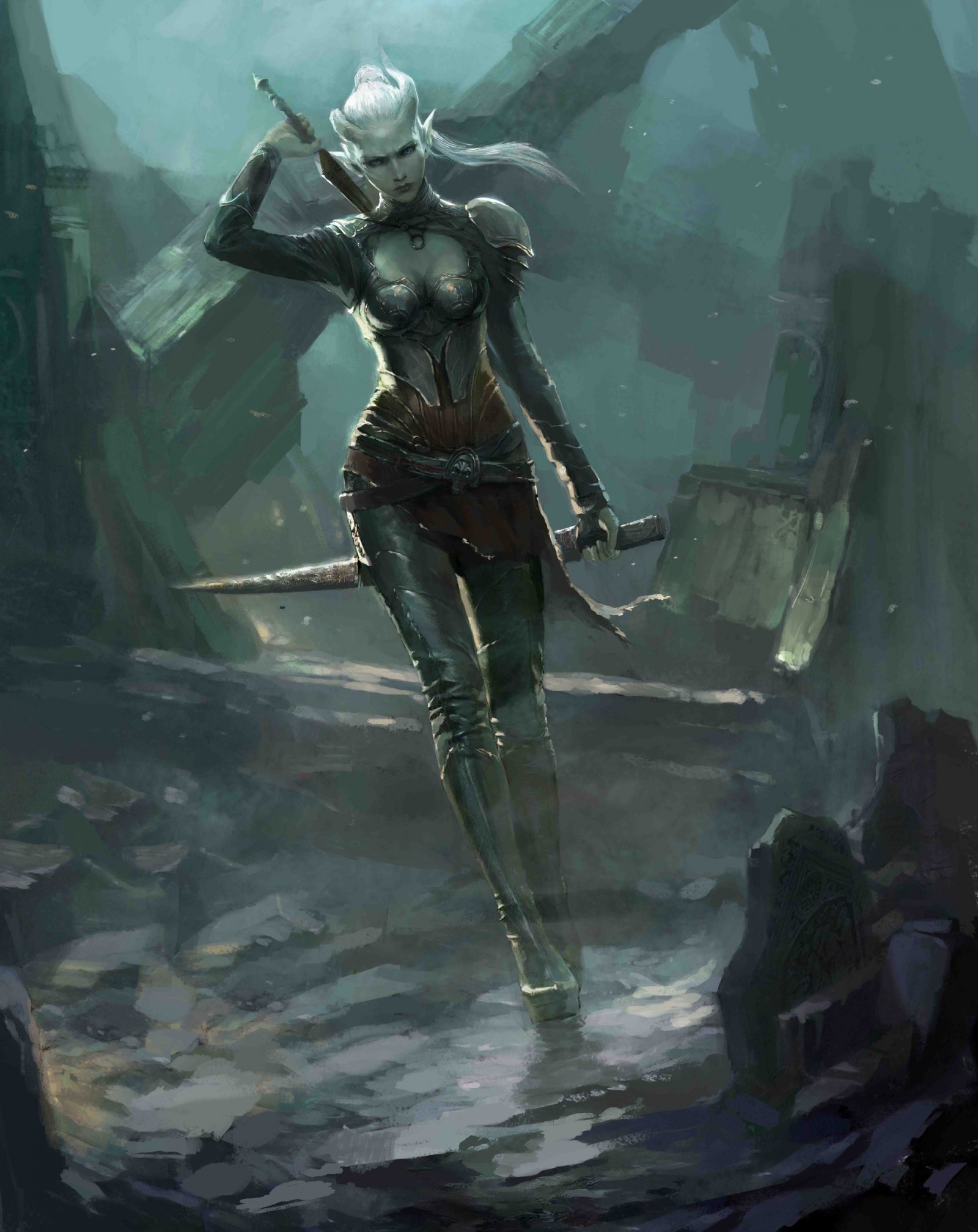 Elf warrior with swords in ruins HD Wallpaper