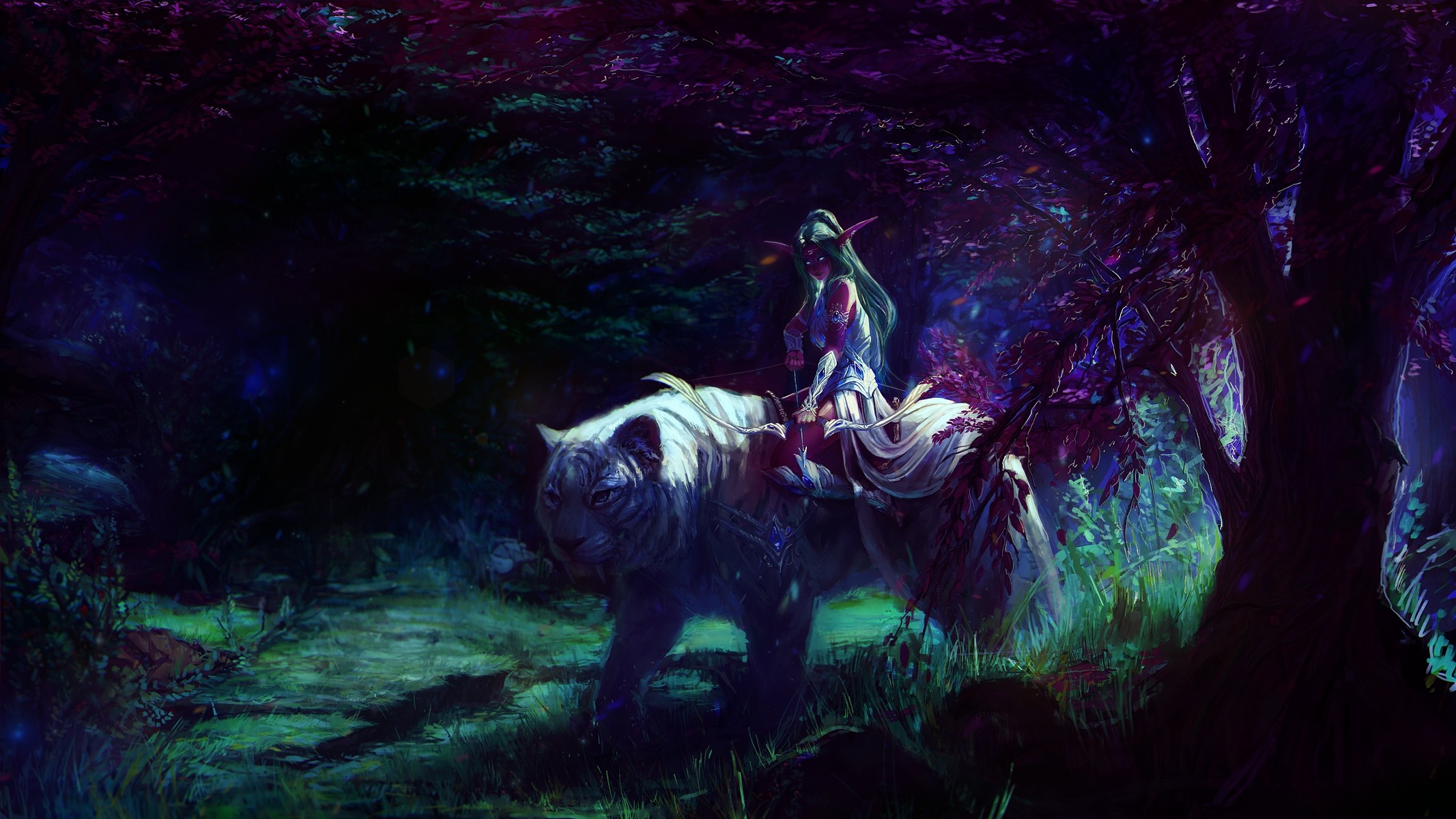 Tyrande Whisperwind riding a white tiger in a dark forest HD Wallpaper