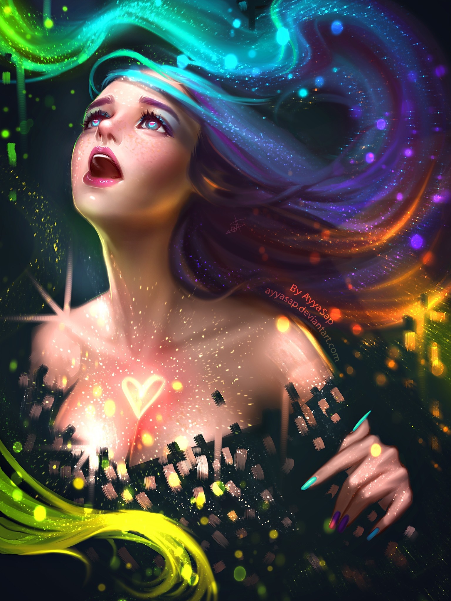 Woman with colorful cosmic hair and glowing heart HD Wallpaper