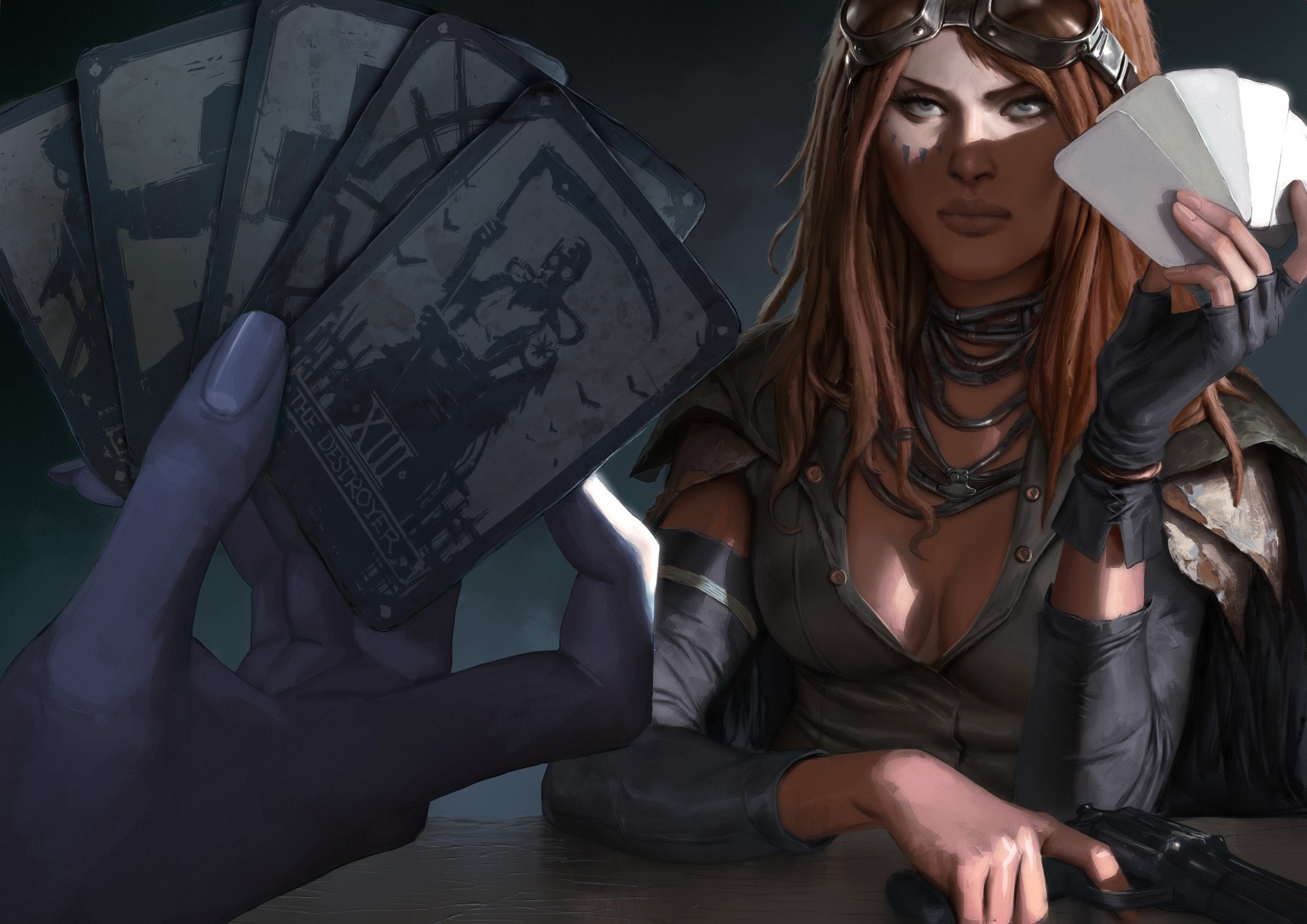 Woman holding tarot cards and a gun HD Wallpaper