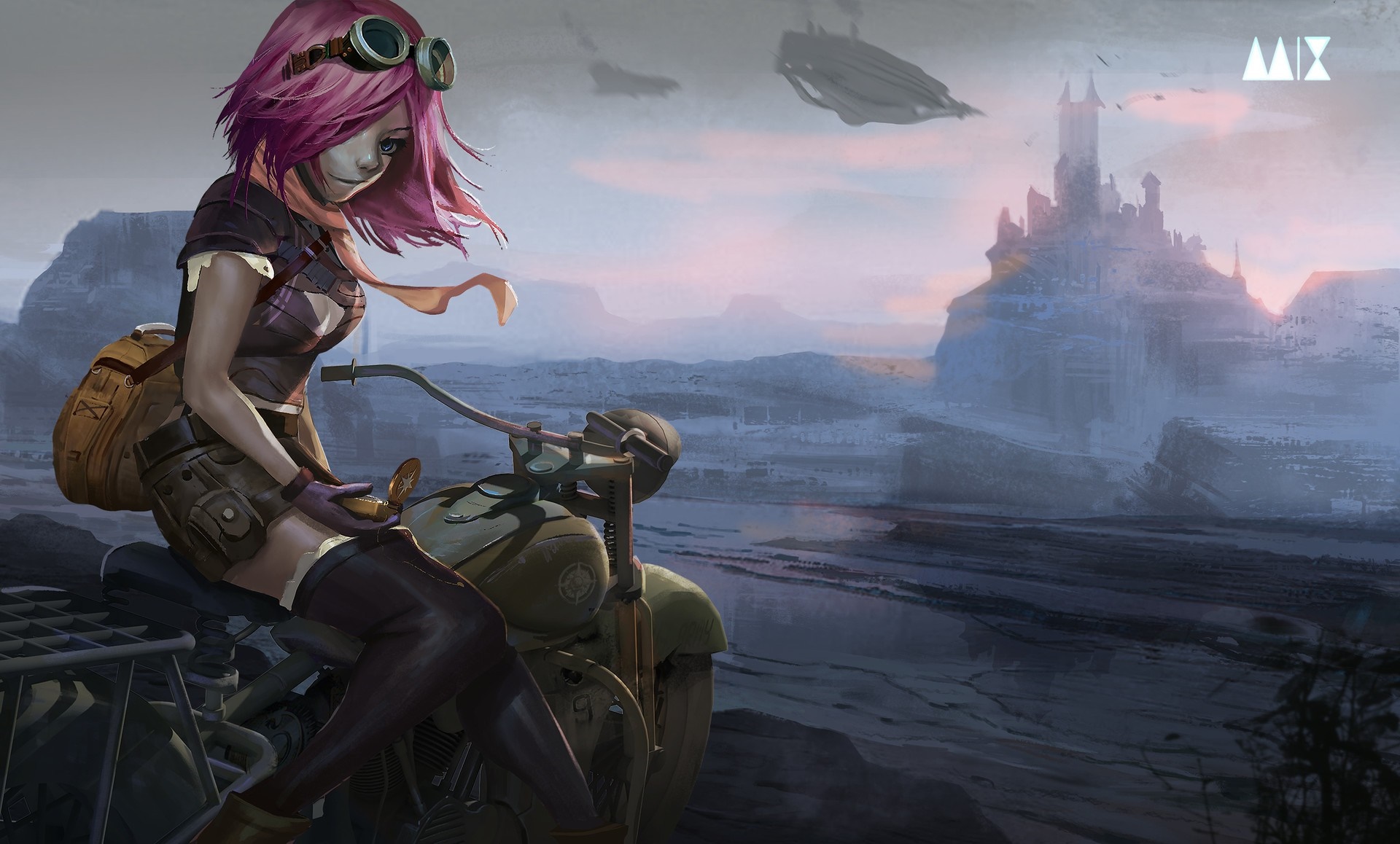 Girl with pink hair on a motorcycle in a fantasy landscape HD Wallpaper
