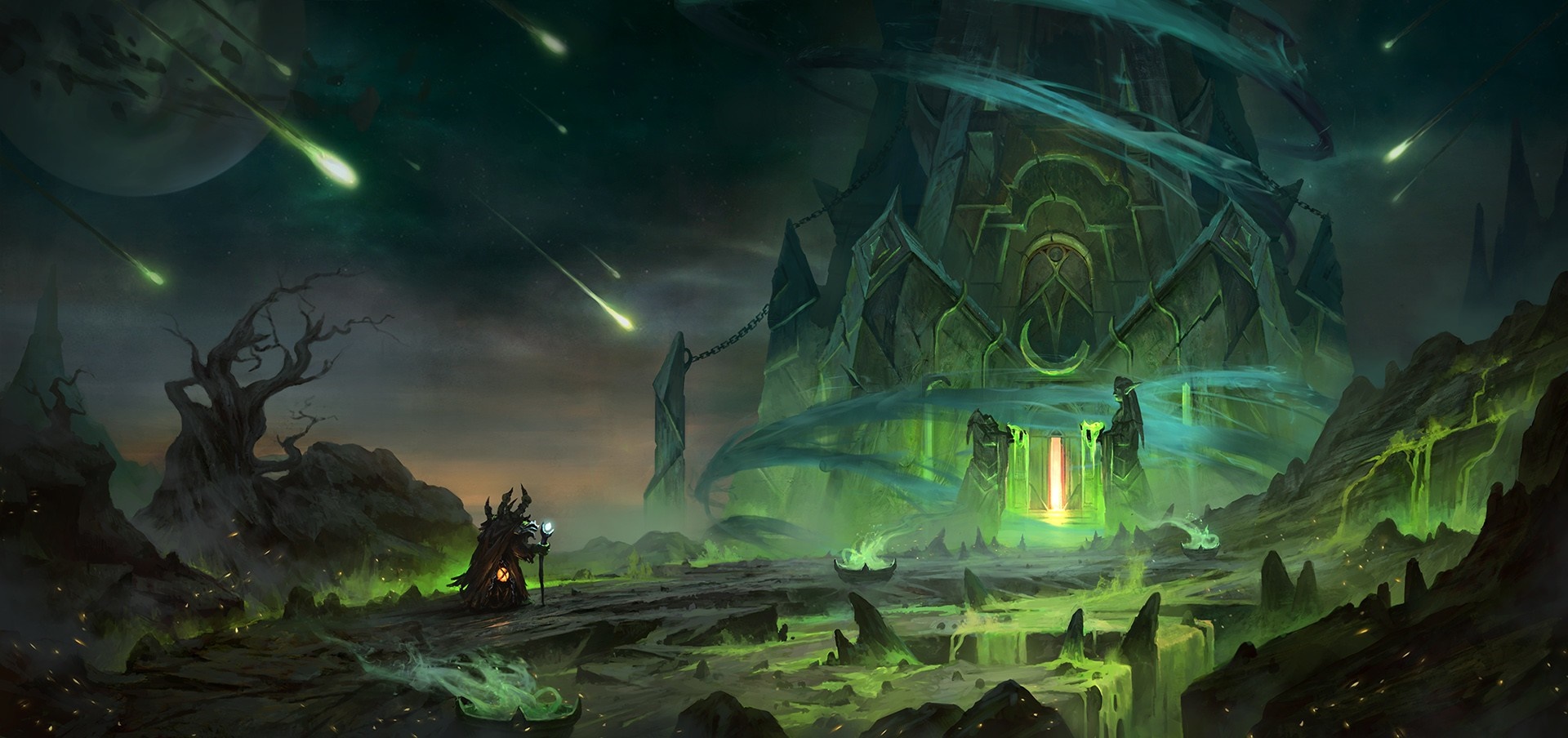 Fantasy art of a dark, alien landscape with a sorcerer and a large structure HD Wallpaper