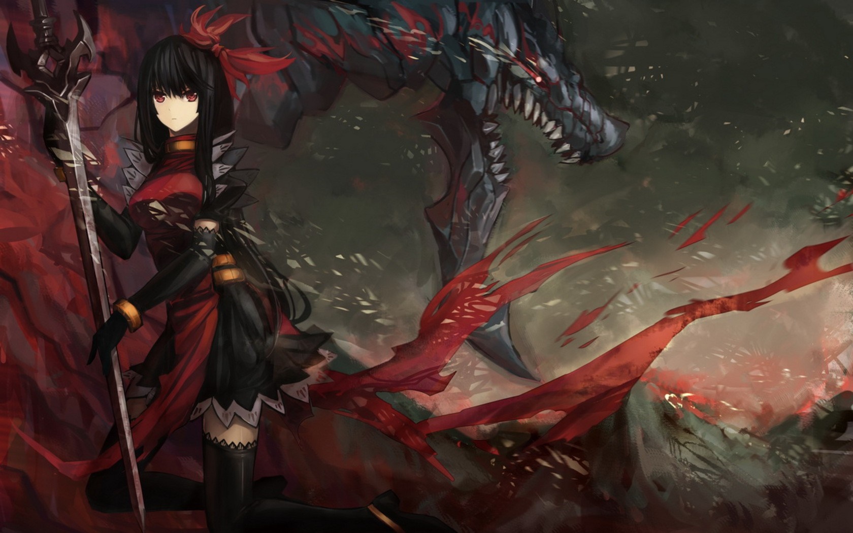 Anime girl with sword and dragon HD Wallpaper
