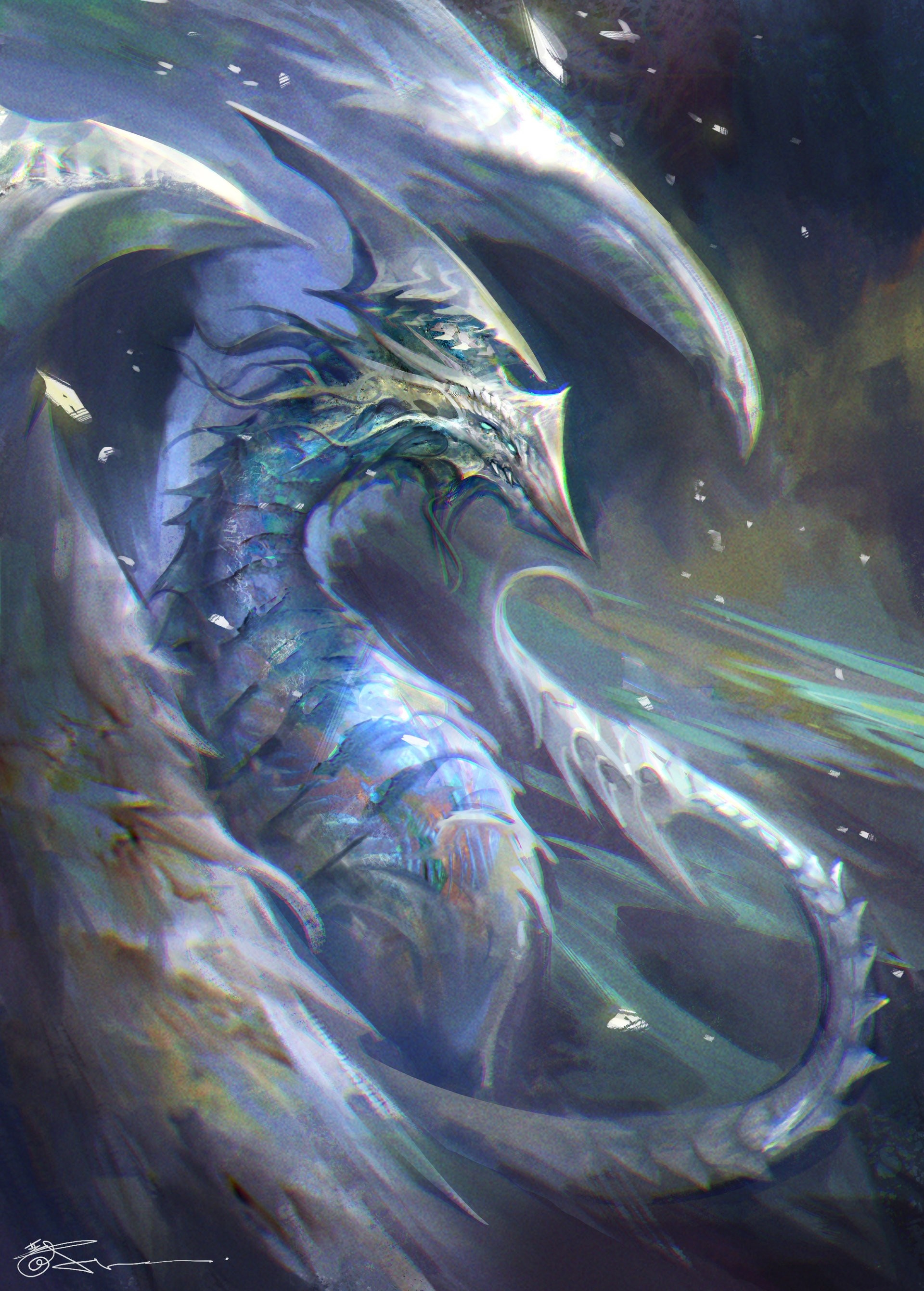 Fantasy art of a blue and green dragon HD Wallpaper