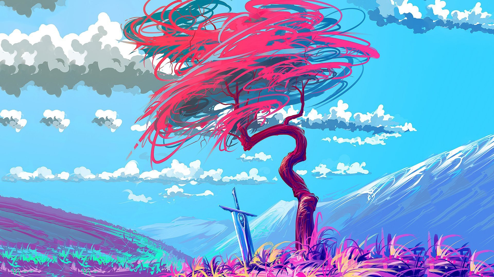 Fantasy landscape with a sword and a tree HD Wallpaper