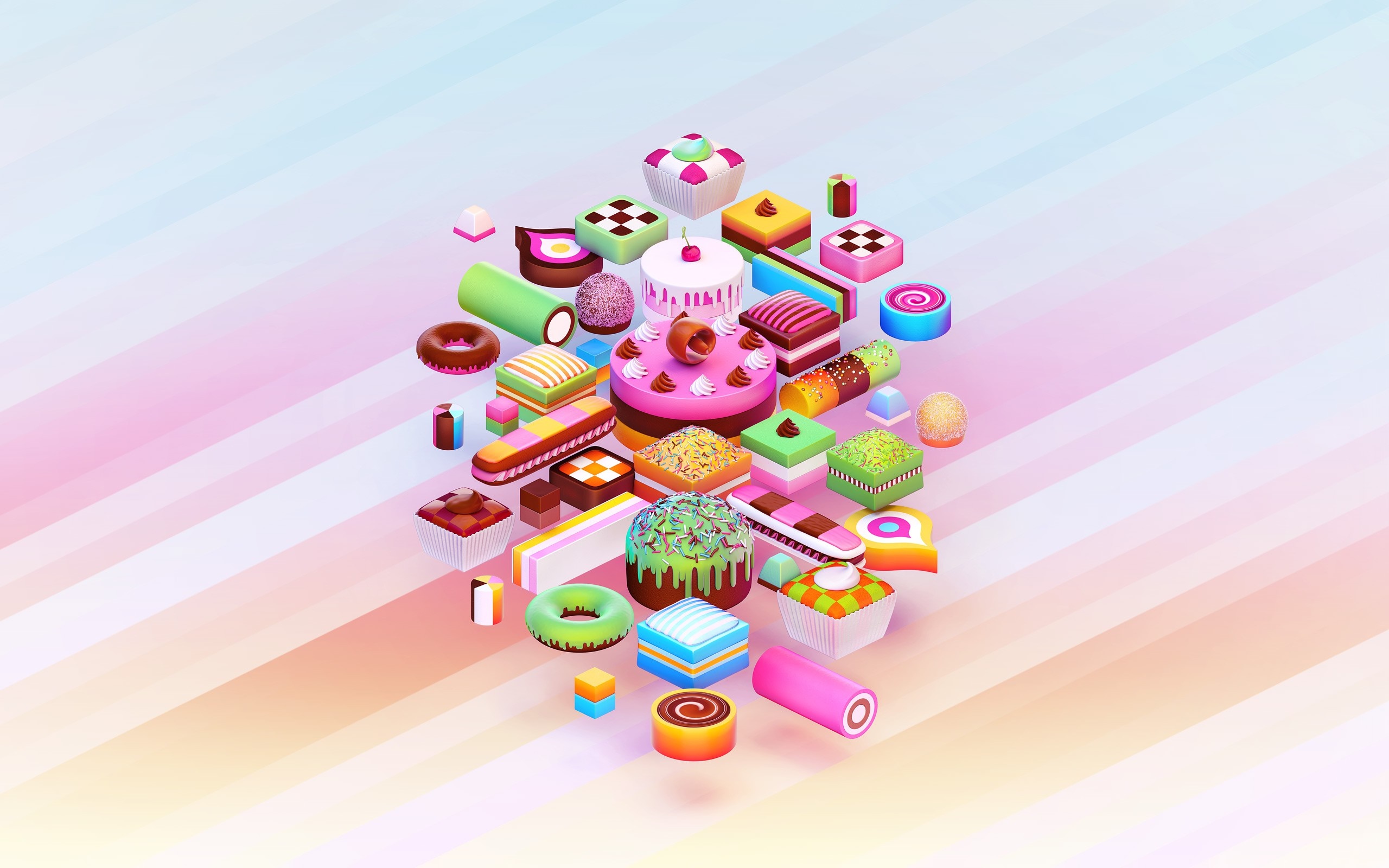 Collection of colorful isometric candies and cakes HD Wallpaper