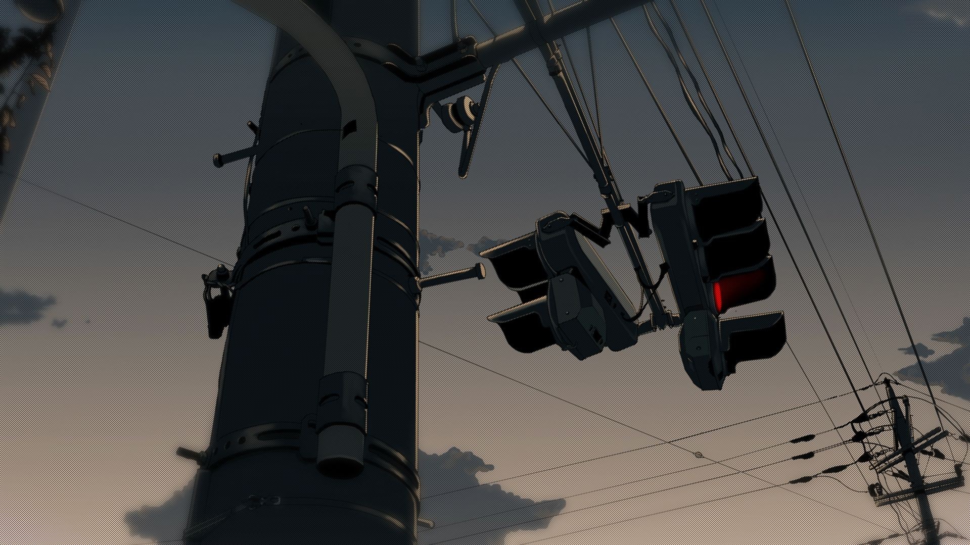 Anime traffic lights on a utility pole at dusk HD Wallpaper