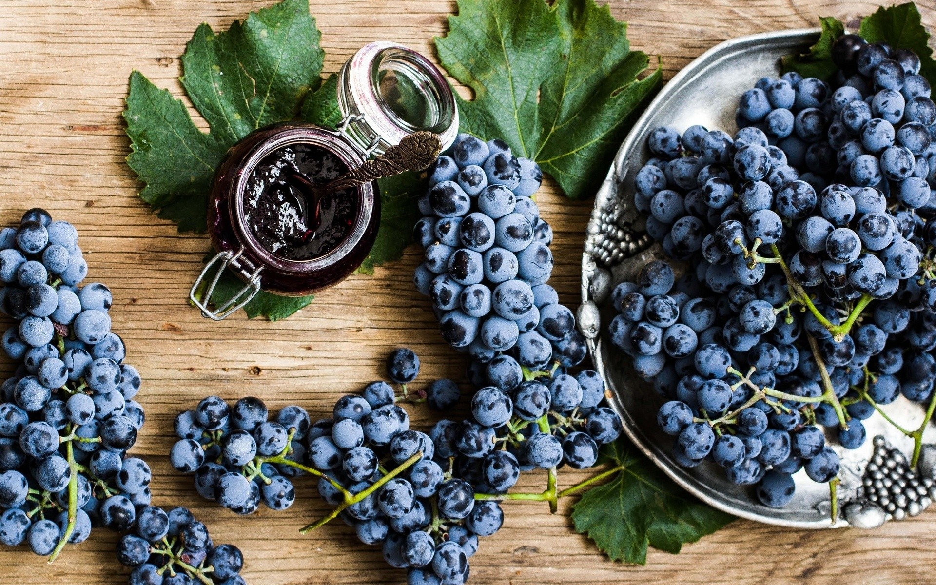 Grapes and grape jam on a wooden table HD Wallpaper