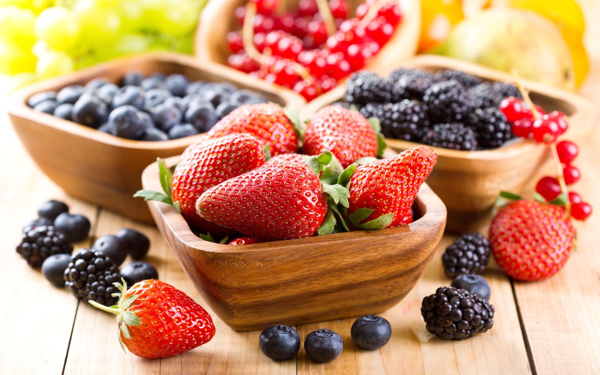 Fresh Mixed Berries in Wooden Bowls on Table HD Wallpaper