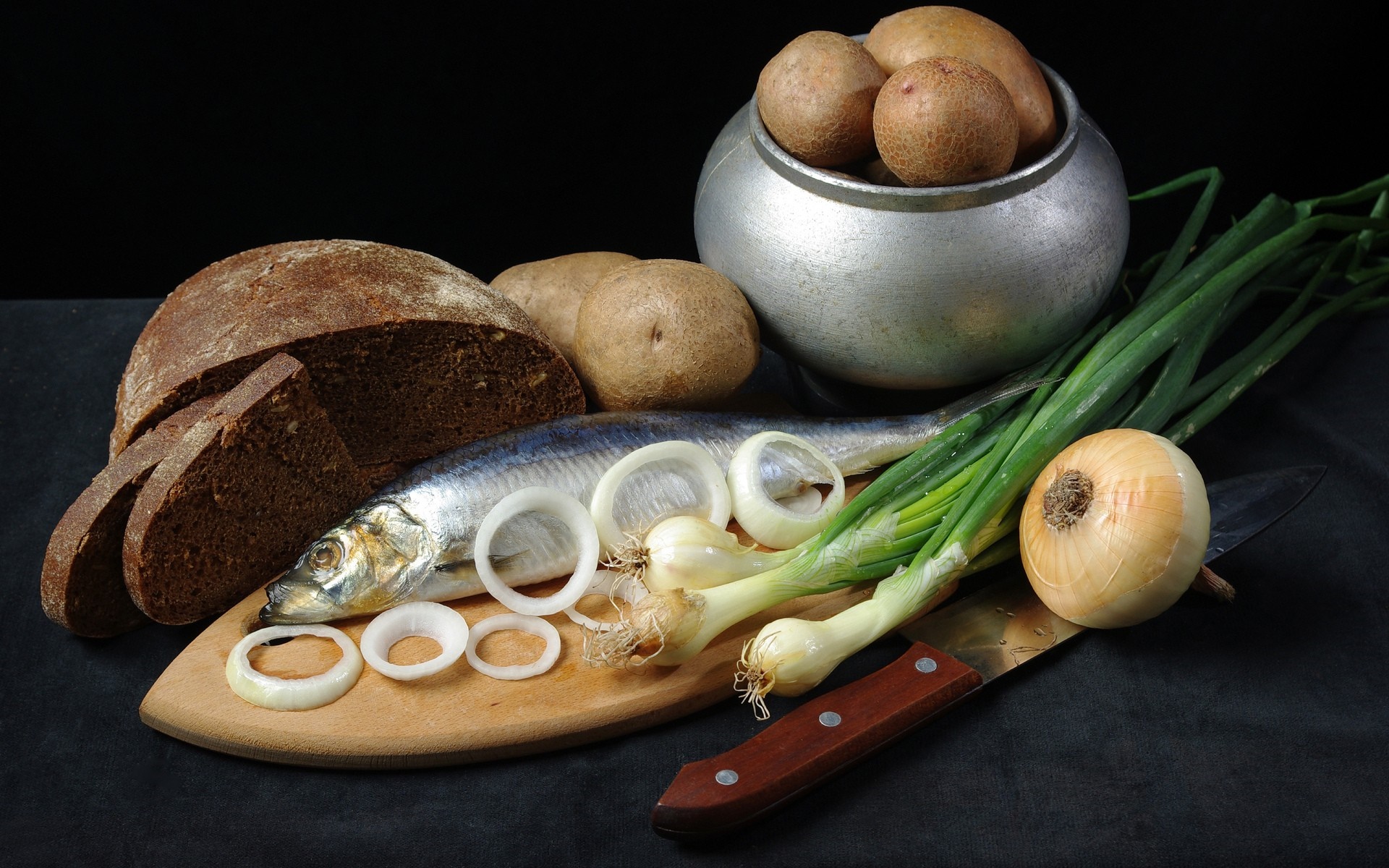 Still life of fish, bread, potatoes, and onions HD Wallpaper