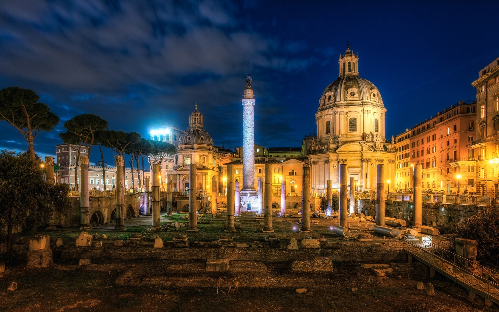 Trajan's Column and churches in Rome at night HD Wallpaper