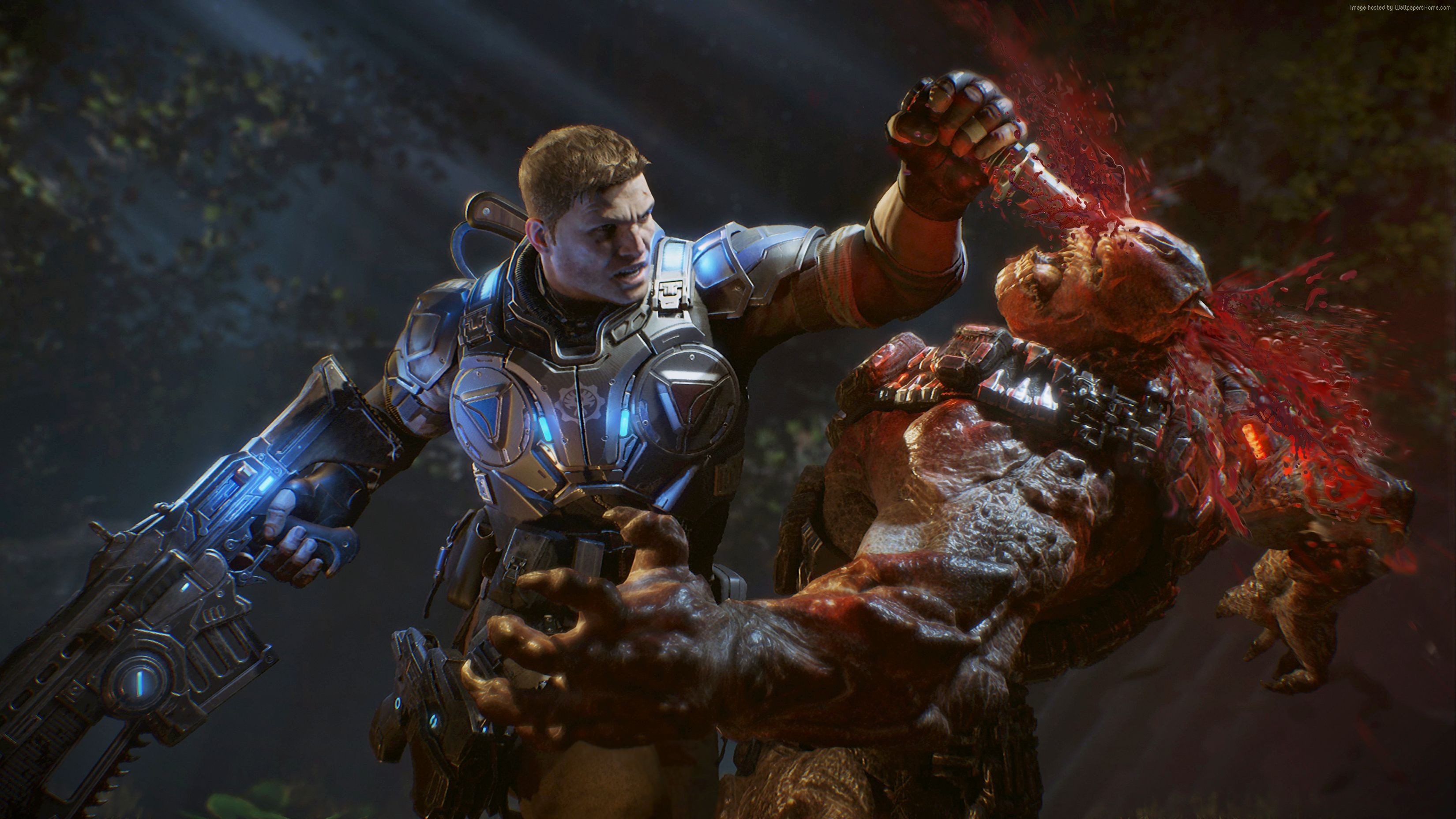 Gears of War 4 character fighting a monster HD Wallpaper