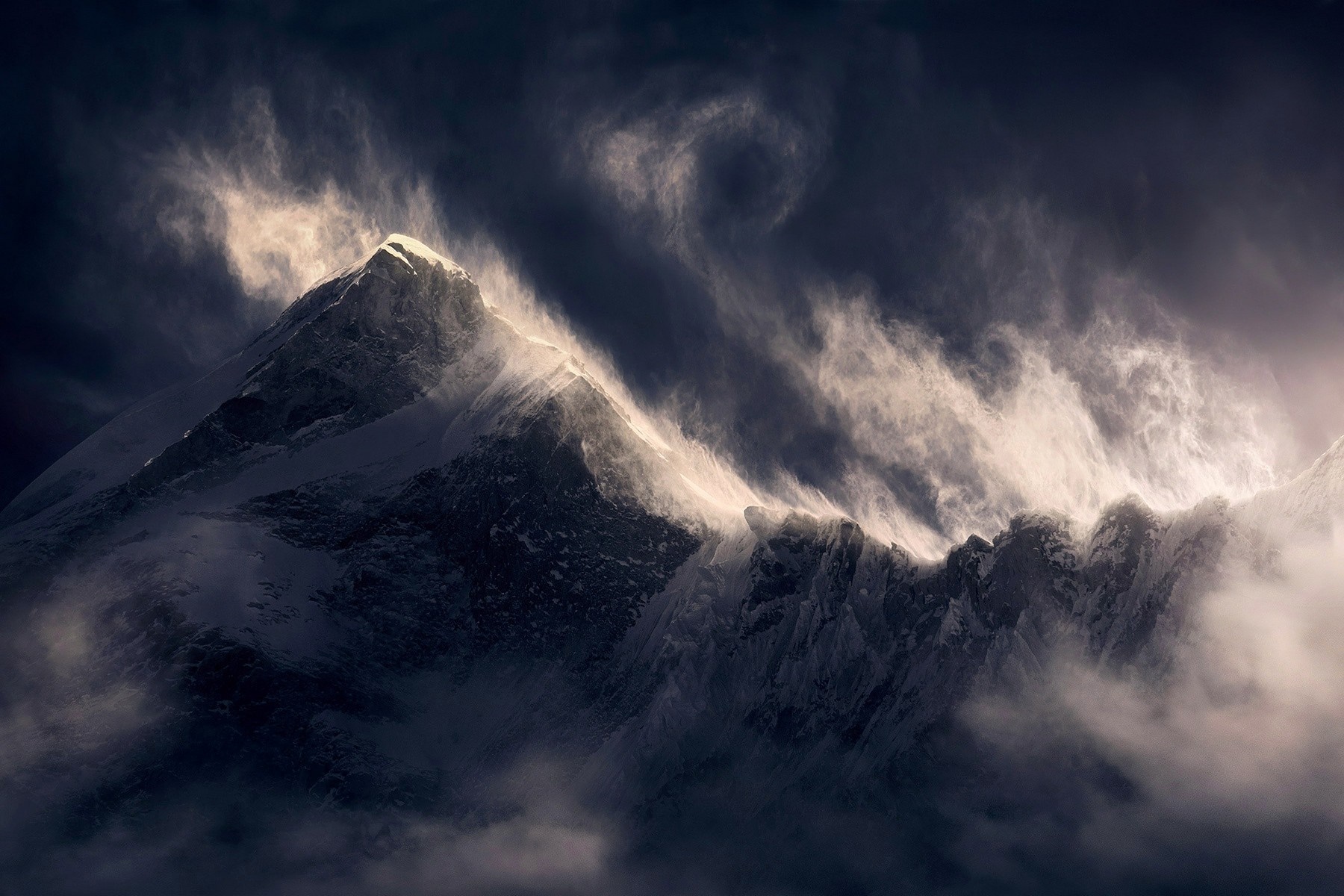 Snowy mountain peak with wind and clouds HD Wallpaper