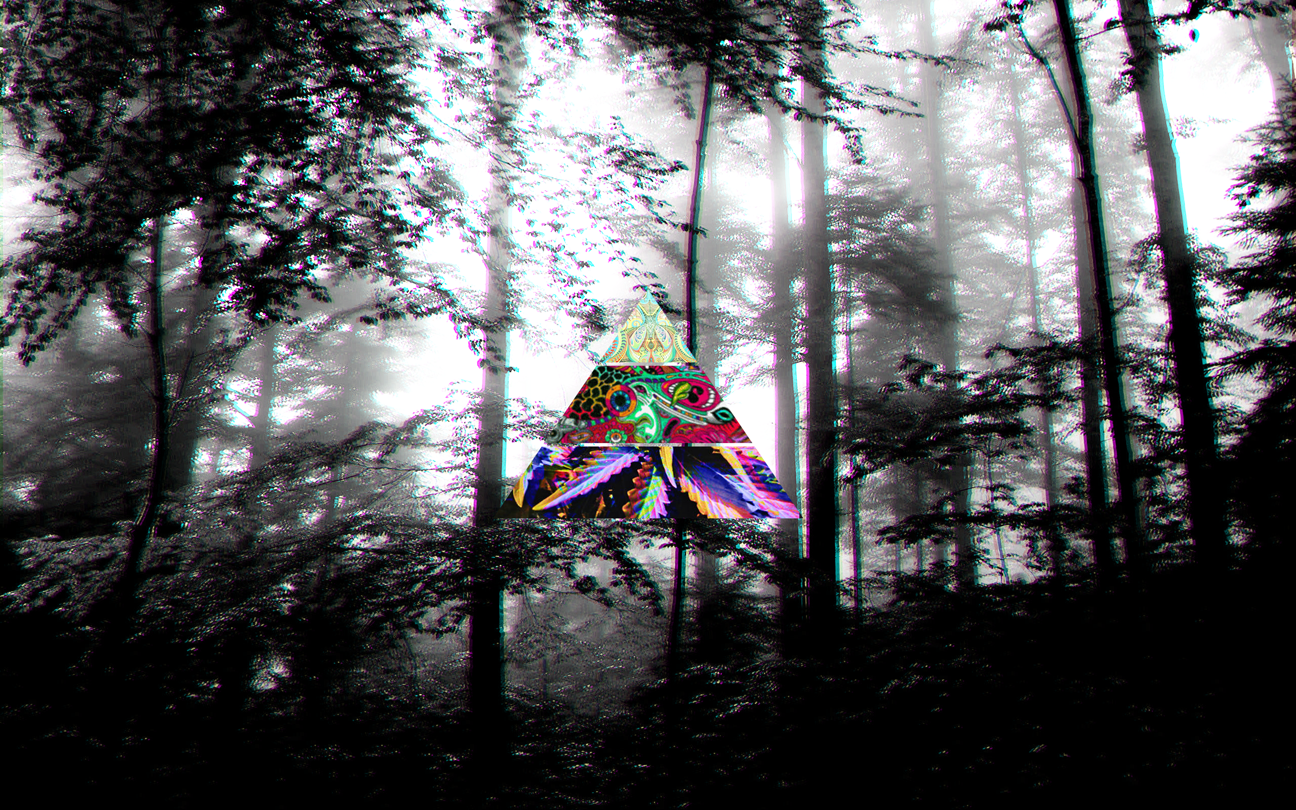 Psychedelic pyramid in a foggy forest HD Wallpaper