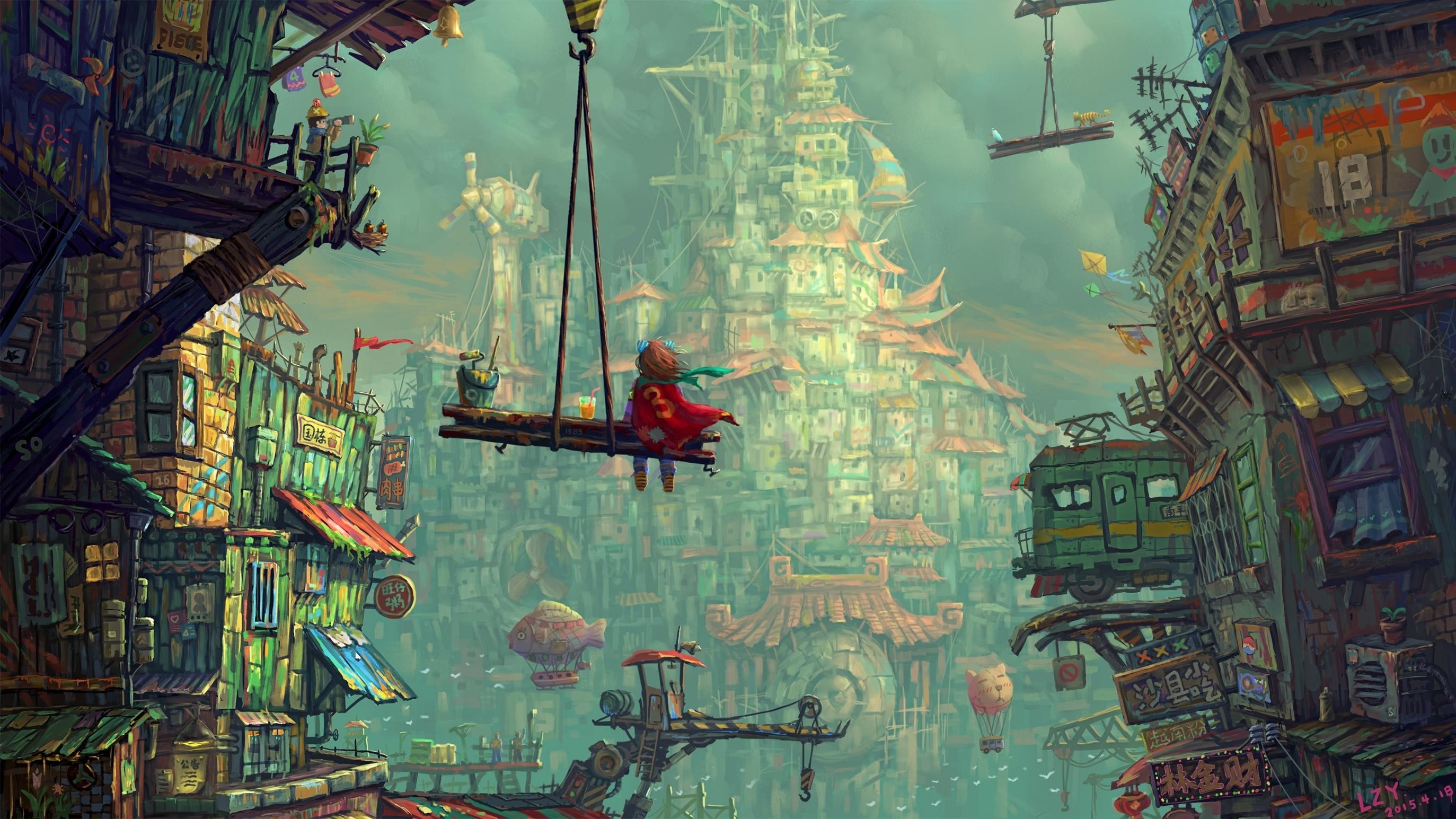 Fantasy city with a girl on a crane HD Wallpaper