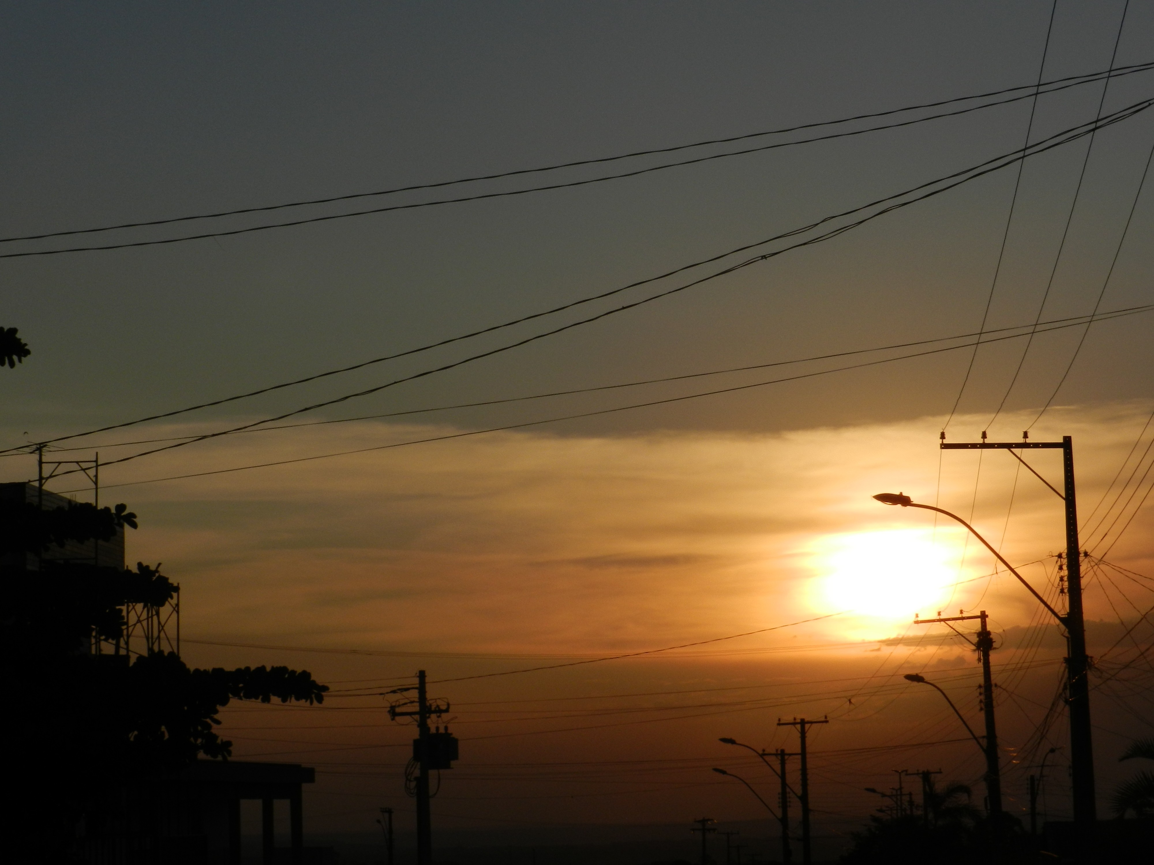 Sunset with power lines and street lights HD Wallpaper