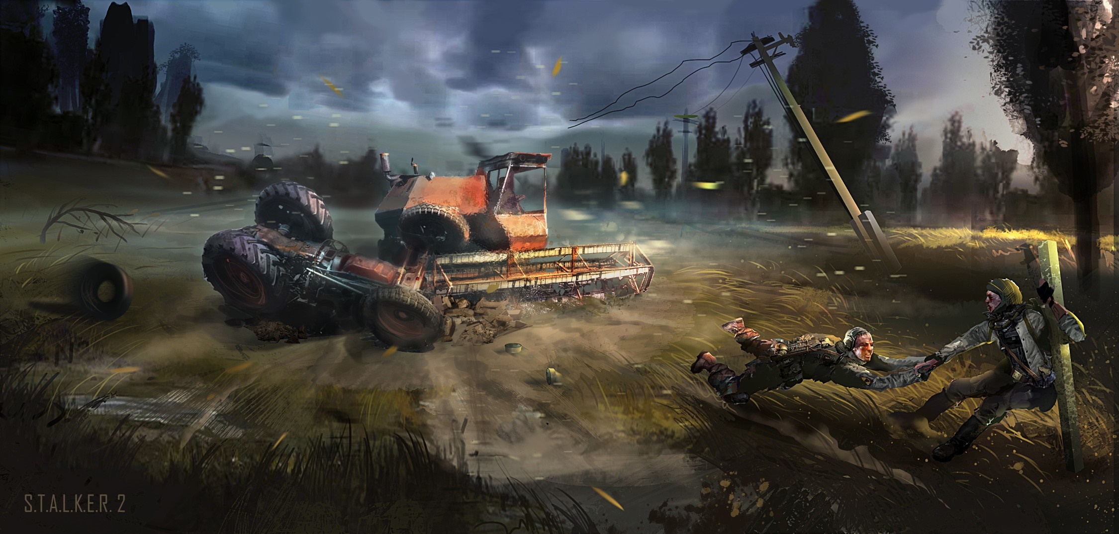 Artwork from S.T.A.L.K.E.R. 2 showing a combine harvester and two people HD Wallpaper
