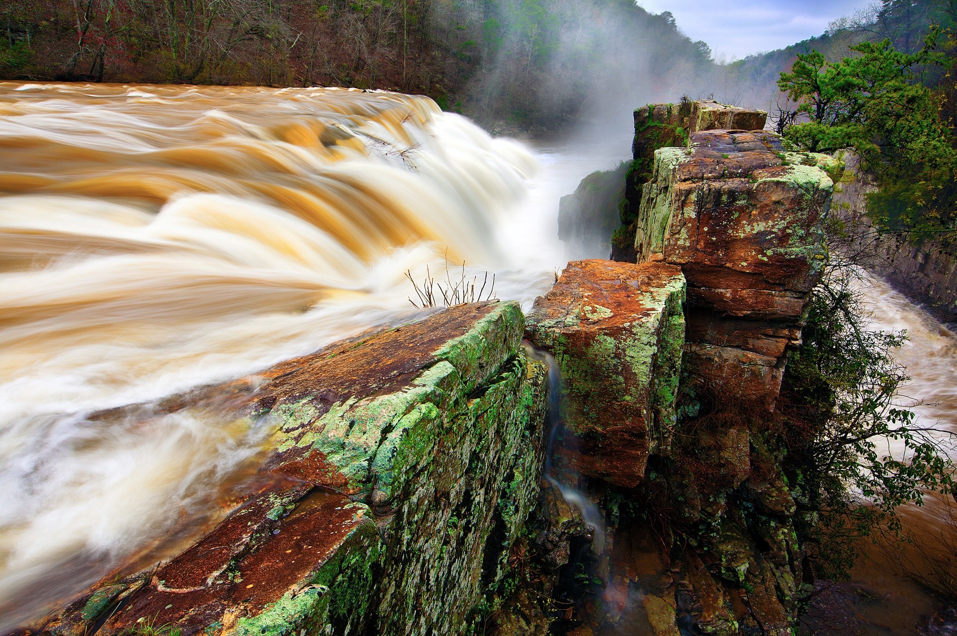 Brown waterfall cascading over mossy rocks in a forest HD Wallpaper
