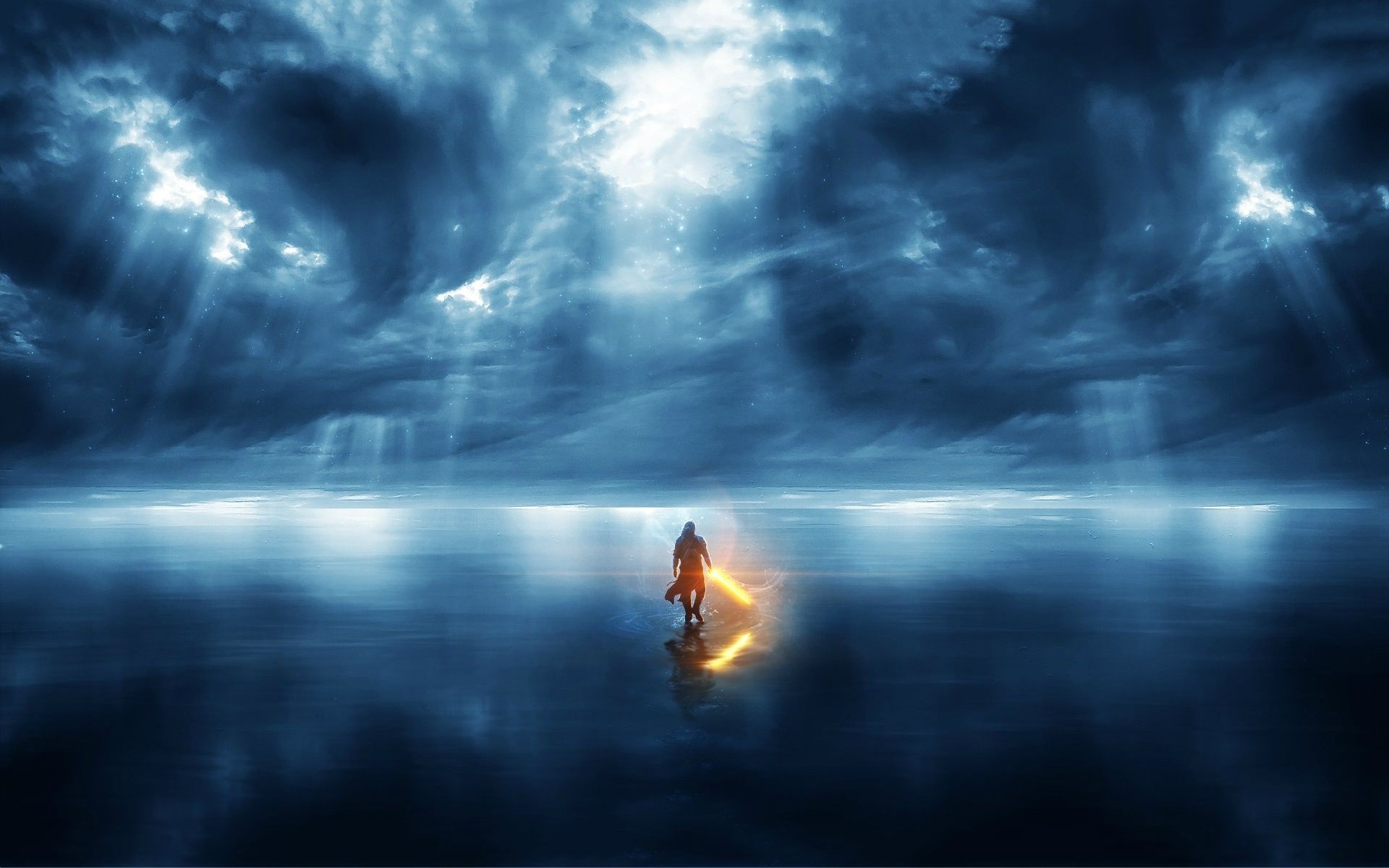 Figure with lightsaber on reflective surface under stormy sky HD Wallpaper