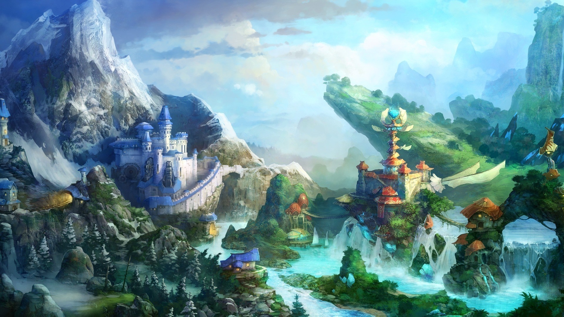 Fantasy landscape with castles and waterfalls HD Wallpaper