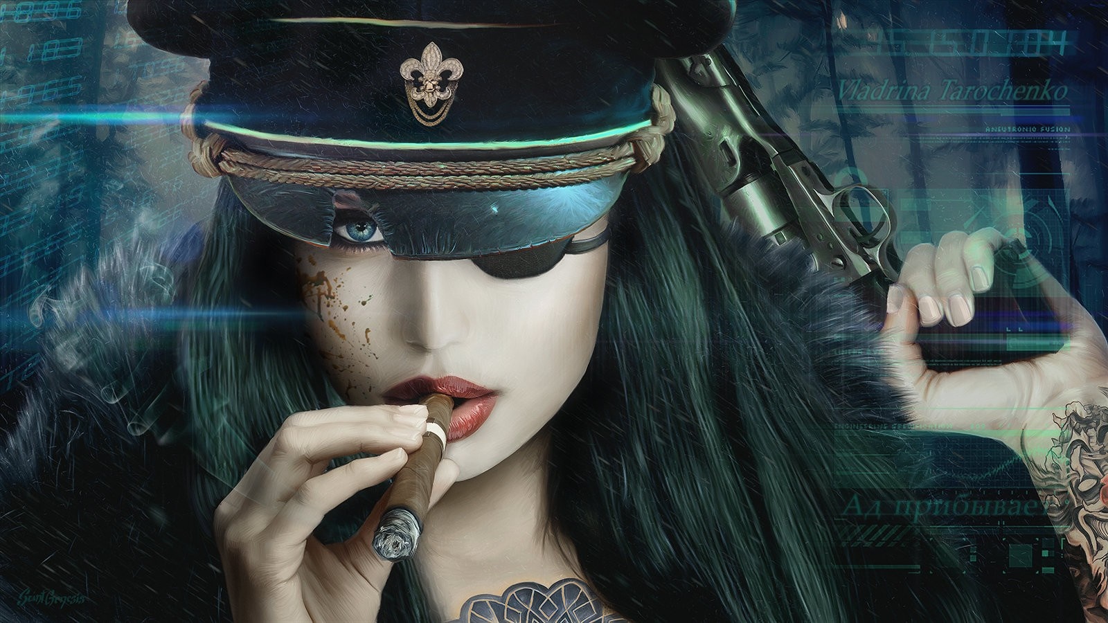 Woman in military hat with cigar and gun HD Wallpaper