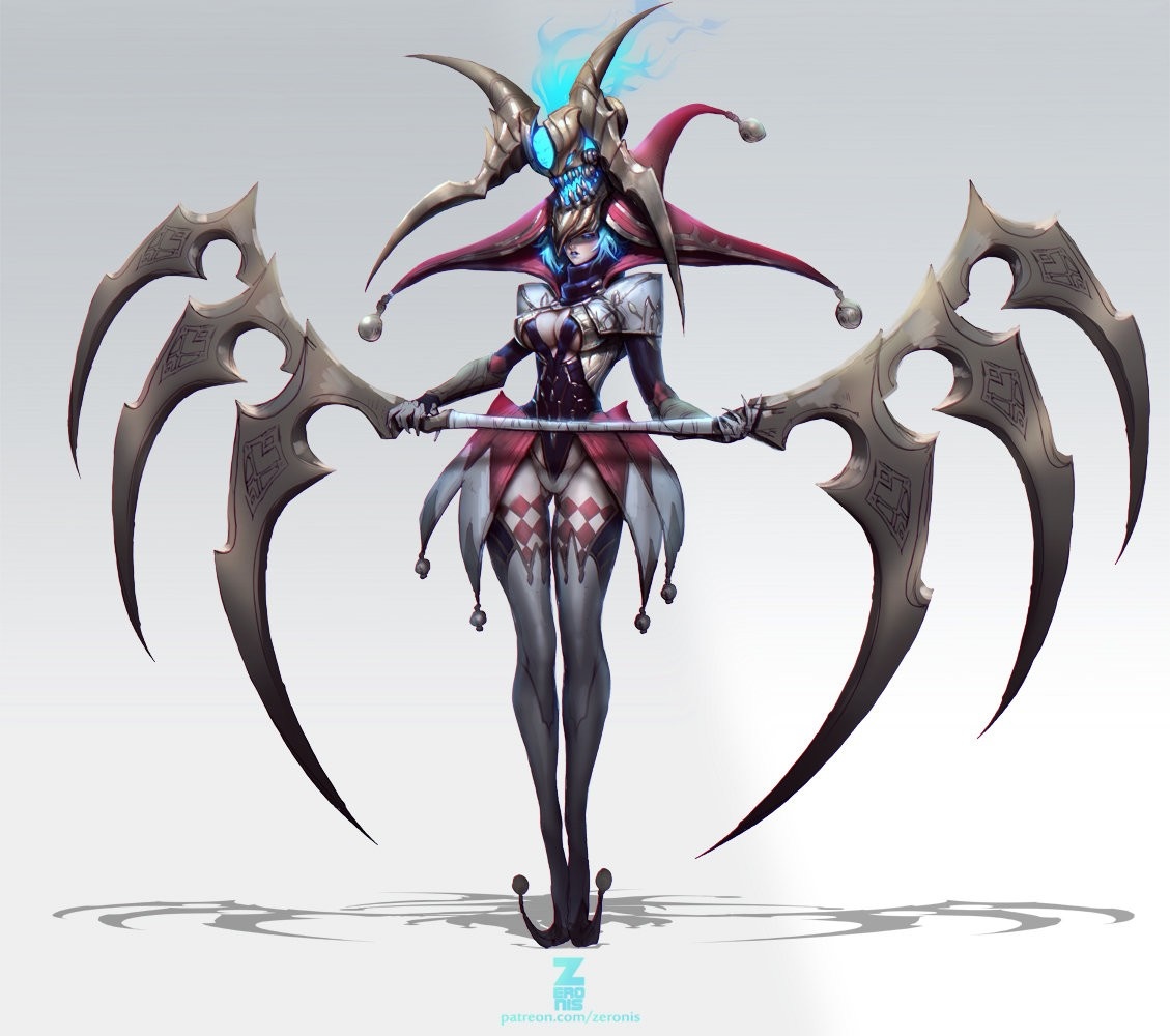 Jester character with scythes and skull mask HD Wallpaper