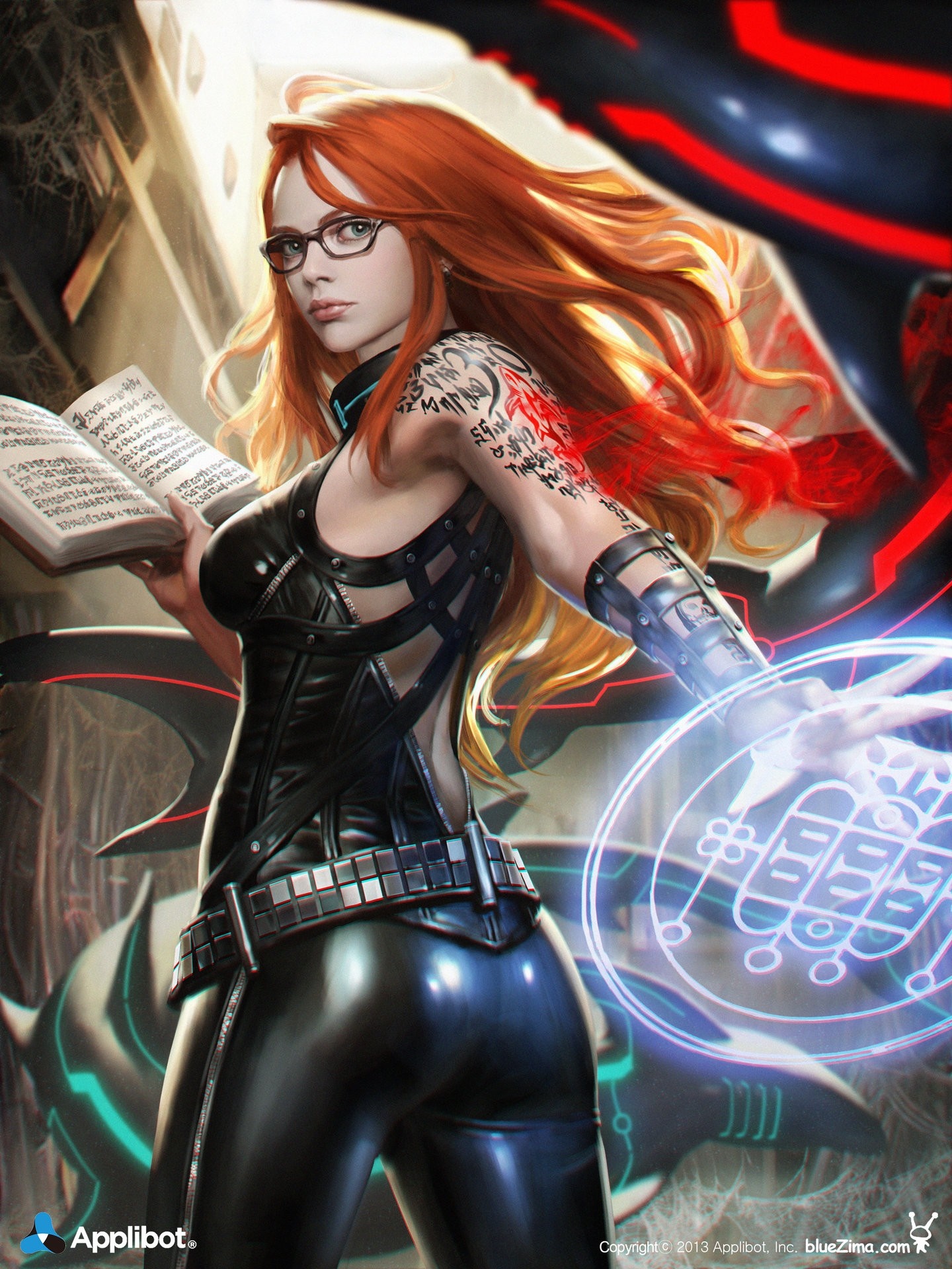 Anime girl with red hair and glasses holding a book HD Wallpaper