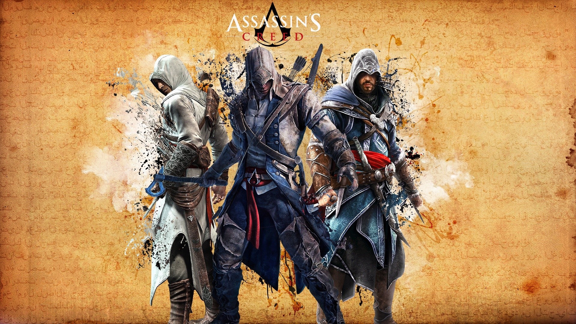 Assassins Creed characters on a parchment background HD Wallpaper