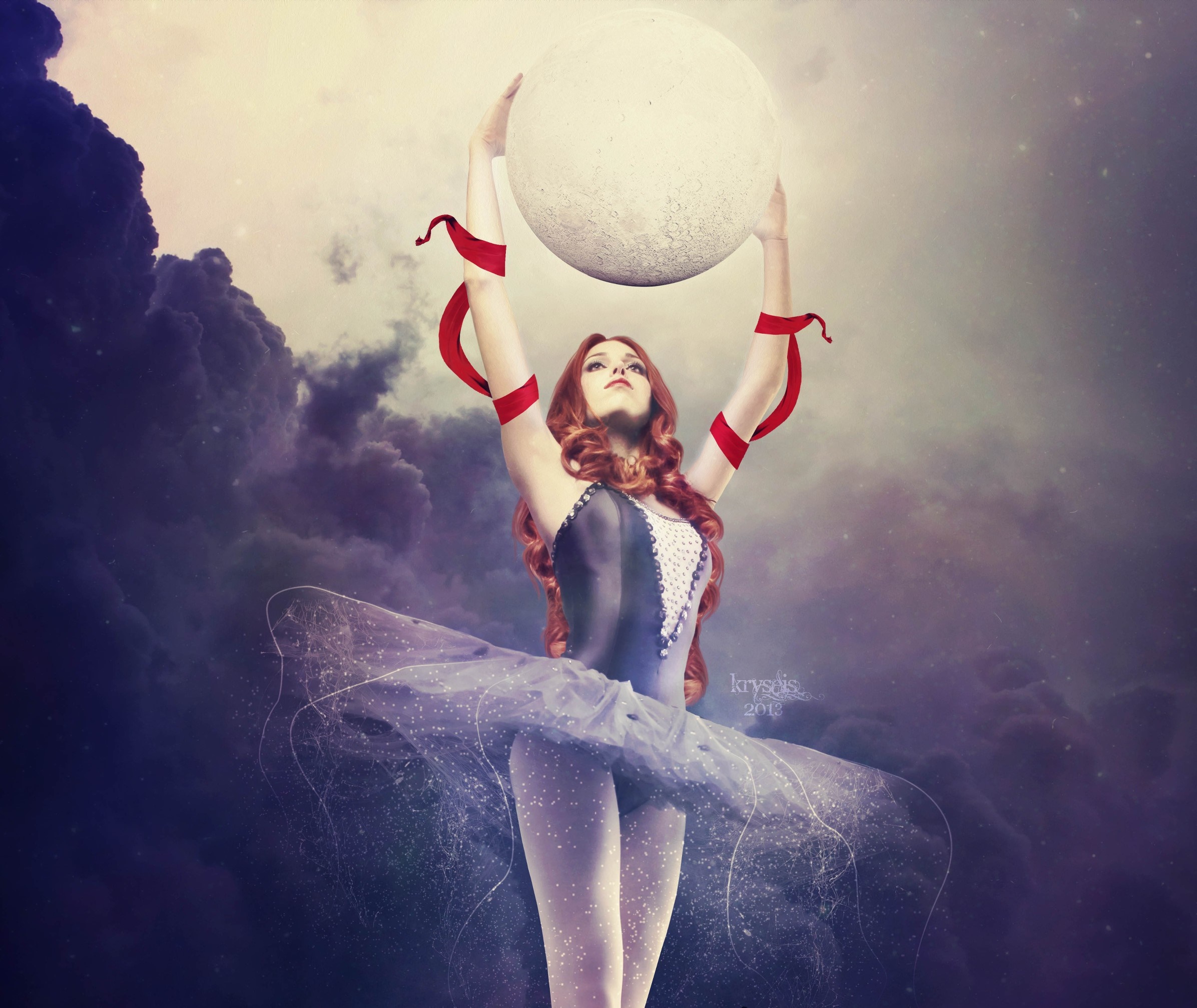 Ballerina holding the moon in a cloudy sky HD Wallpaper