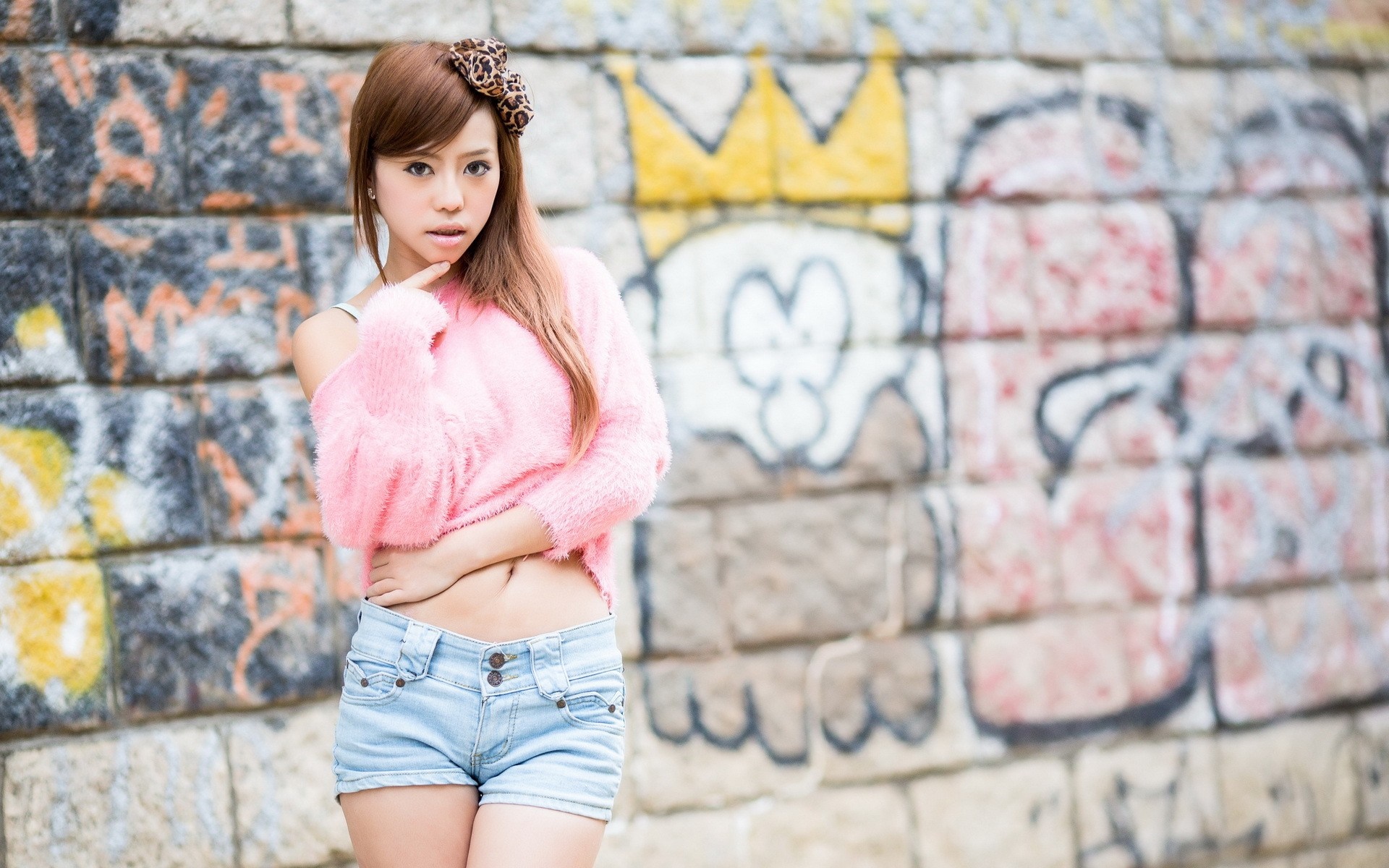 Asian woman in pink sweater and denim shorts HD Wallpaper