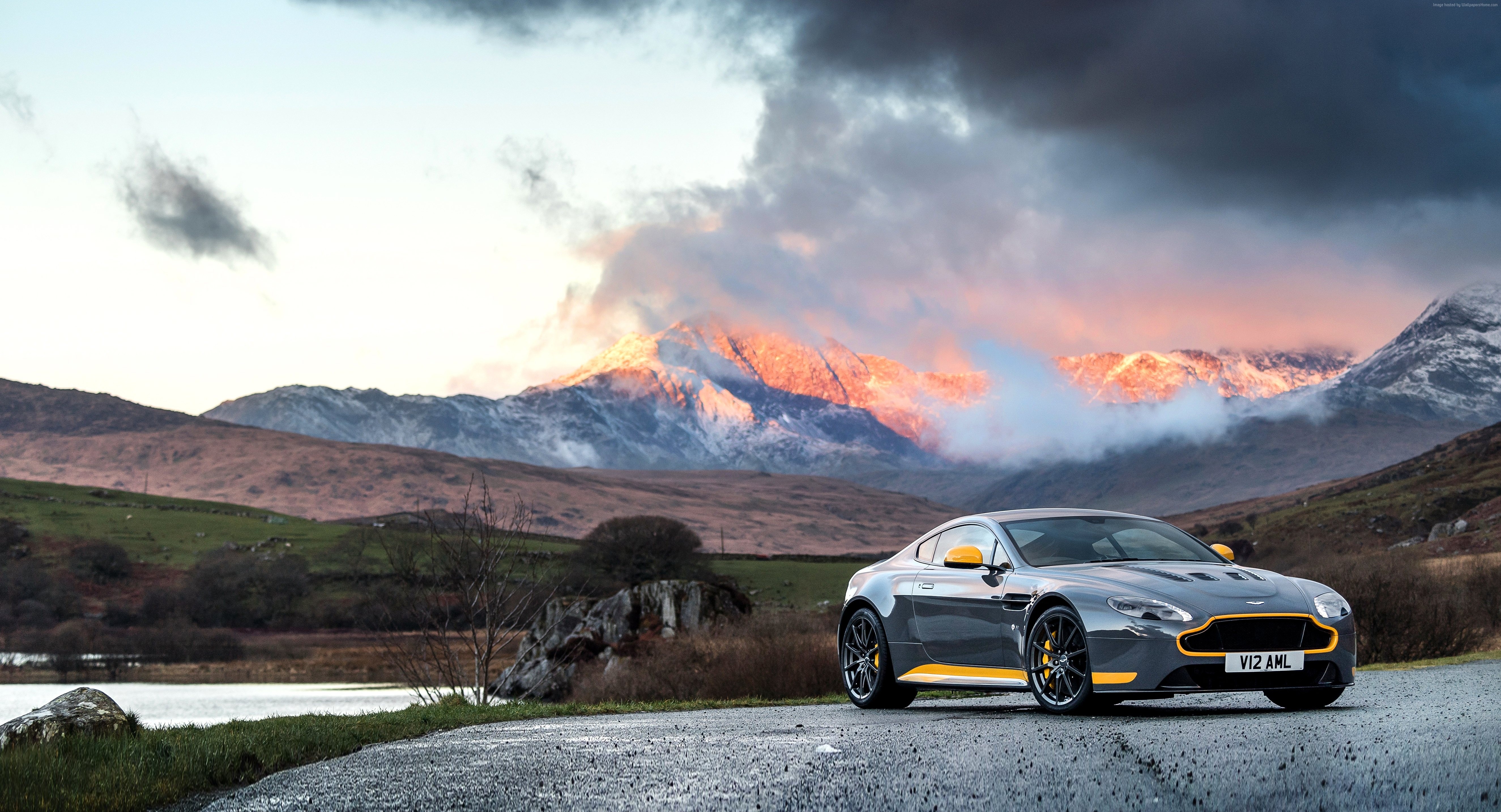 Aston Martin Vantage GT8 parked by a lake with mountains HD Wallpaper