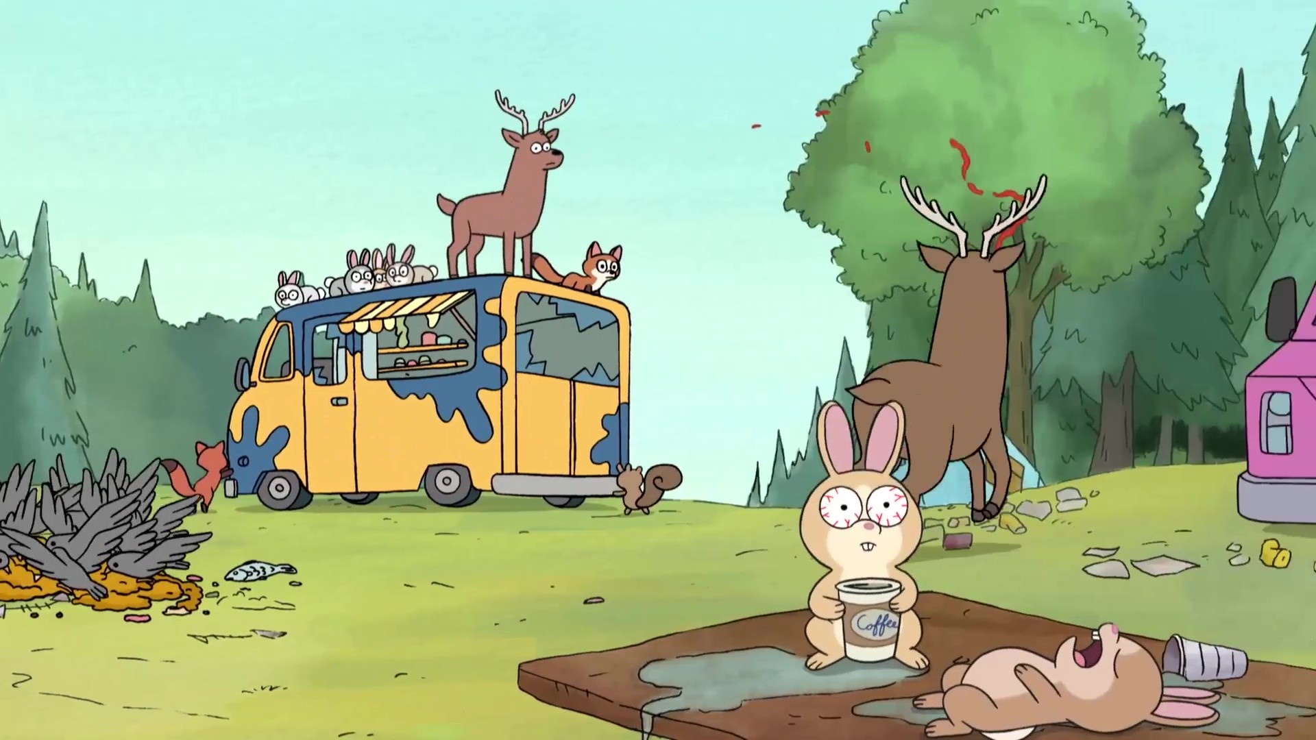 Animals gathered around a damaged food truck in a forest clearing HD Wallpaper