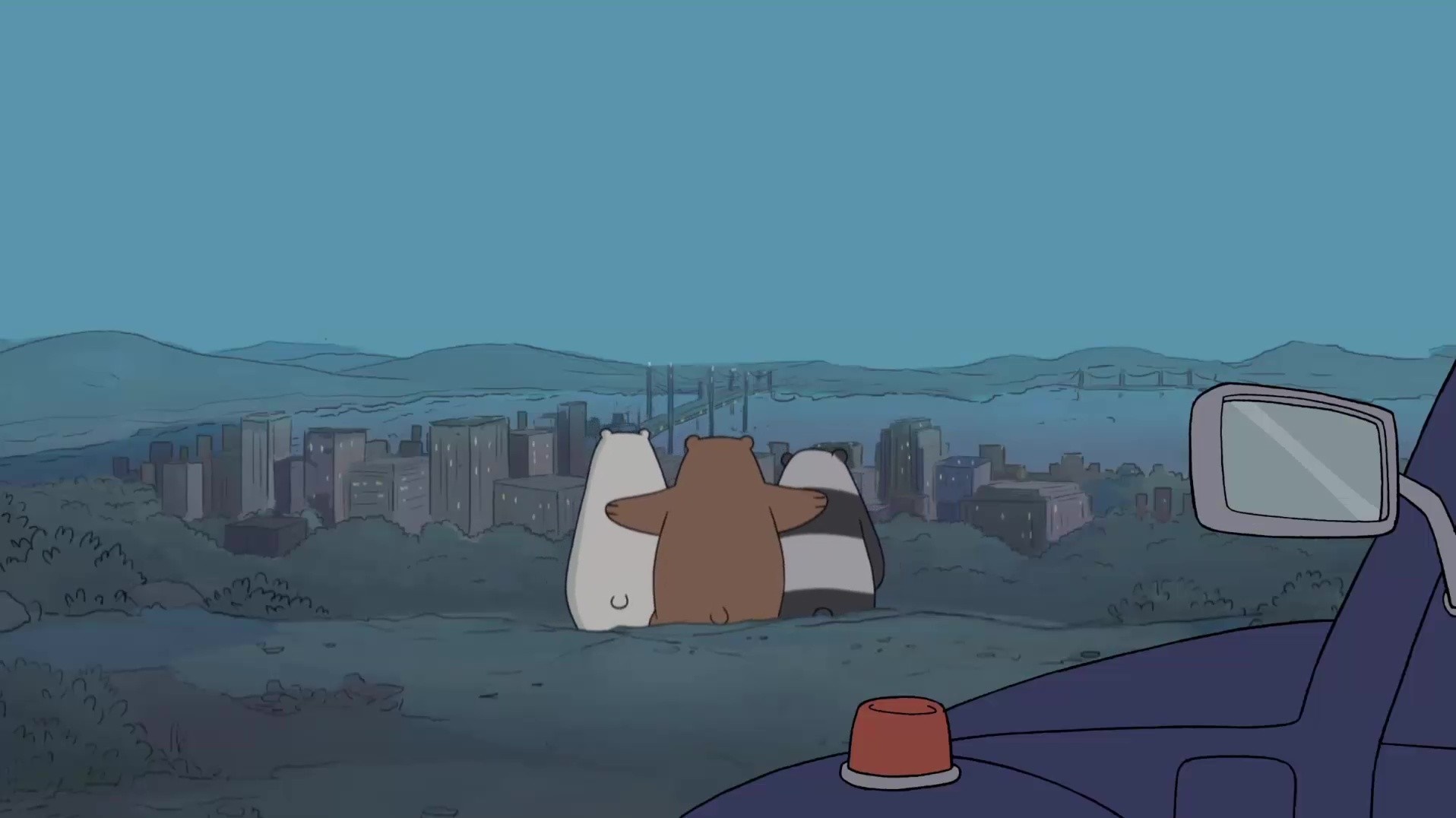 We Bare Bears looking at a city skyline HD Wallpaper