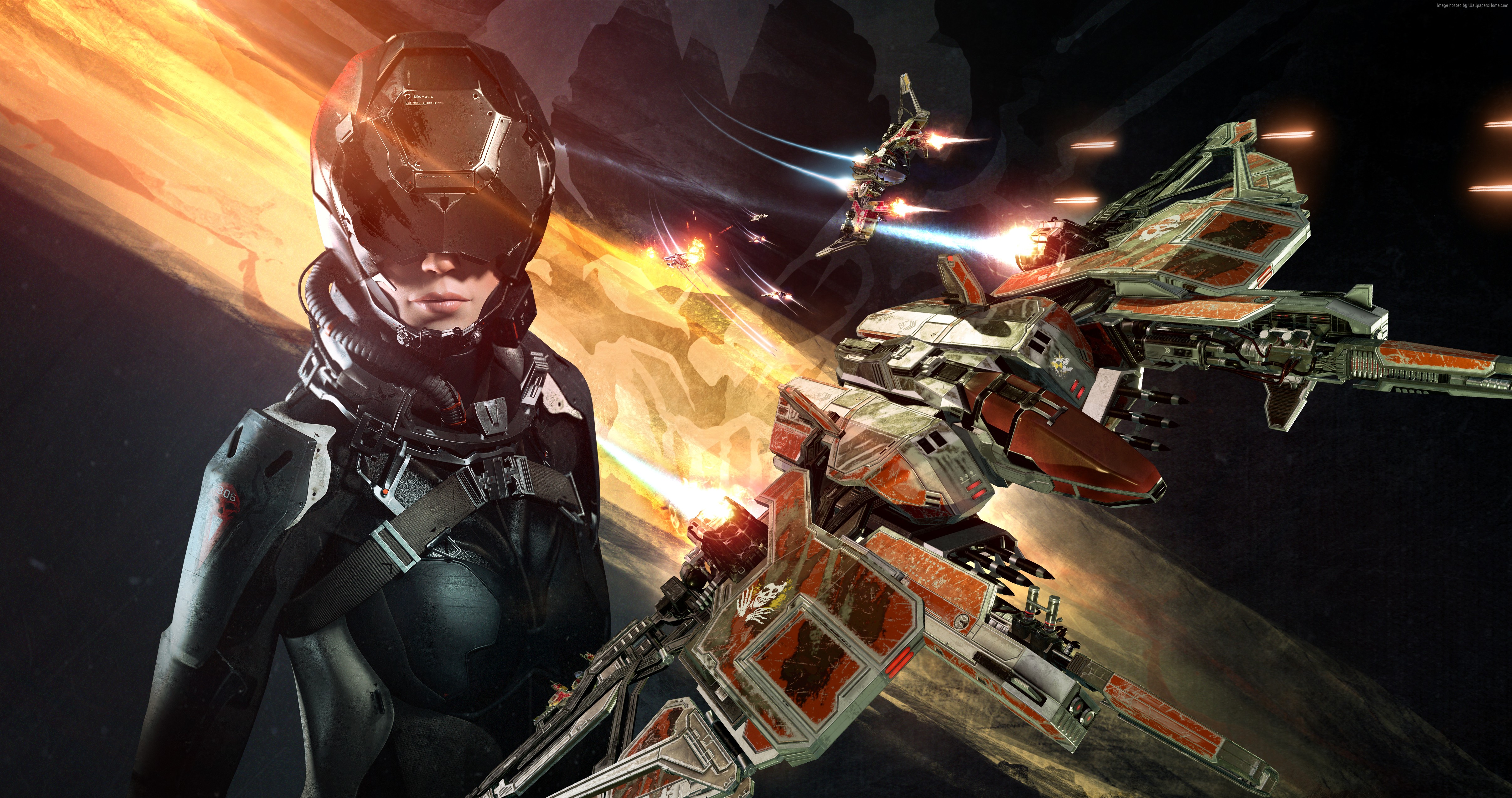 Pilot in helmet with spaceships in battle HD Wallpaper