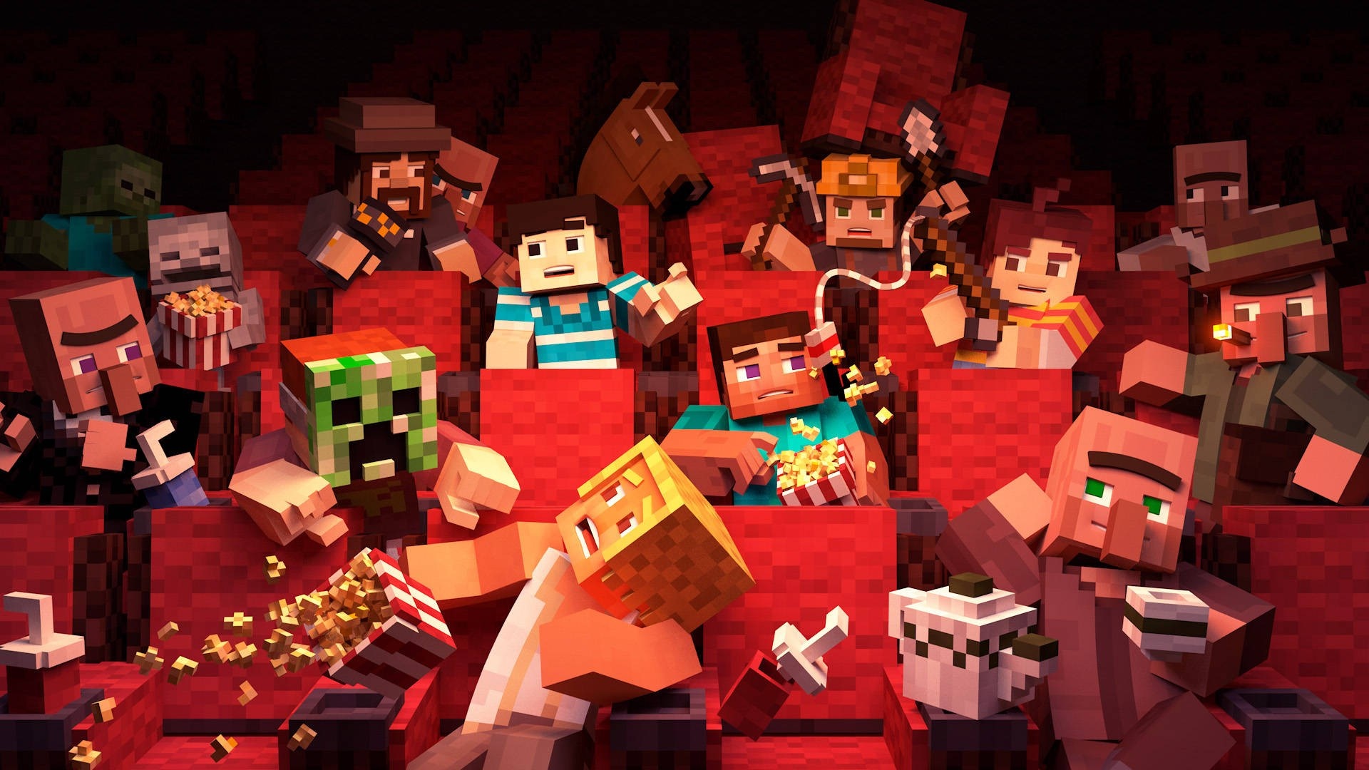 Minecraft characters watching a movie in a theater HD Wallpaper
