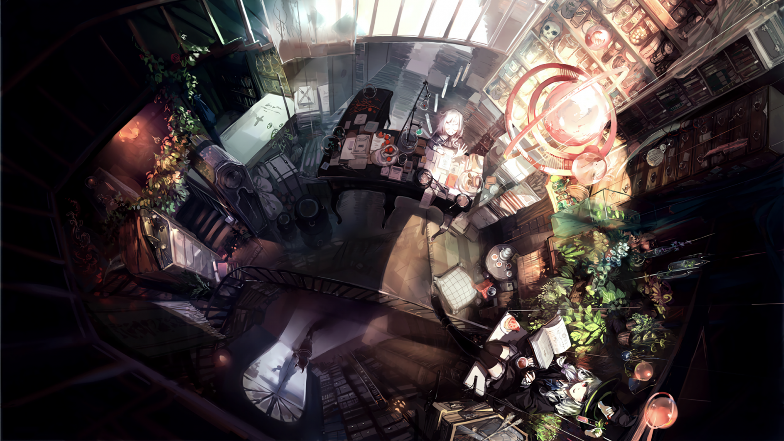 Fantasy art of a cluttered room with a girl HD Wallpaper