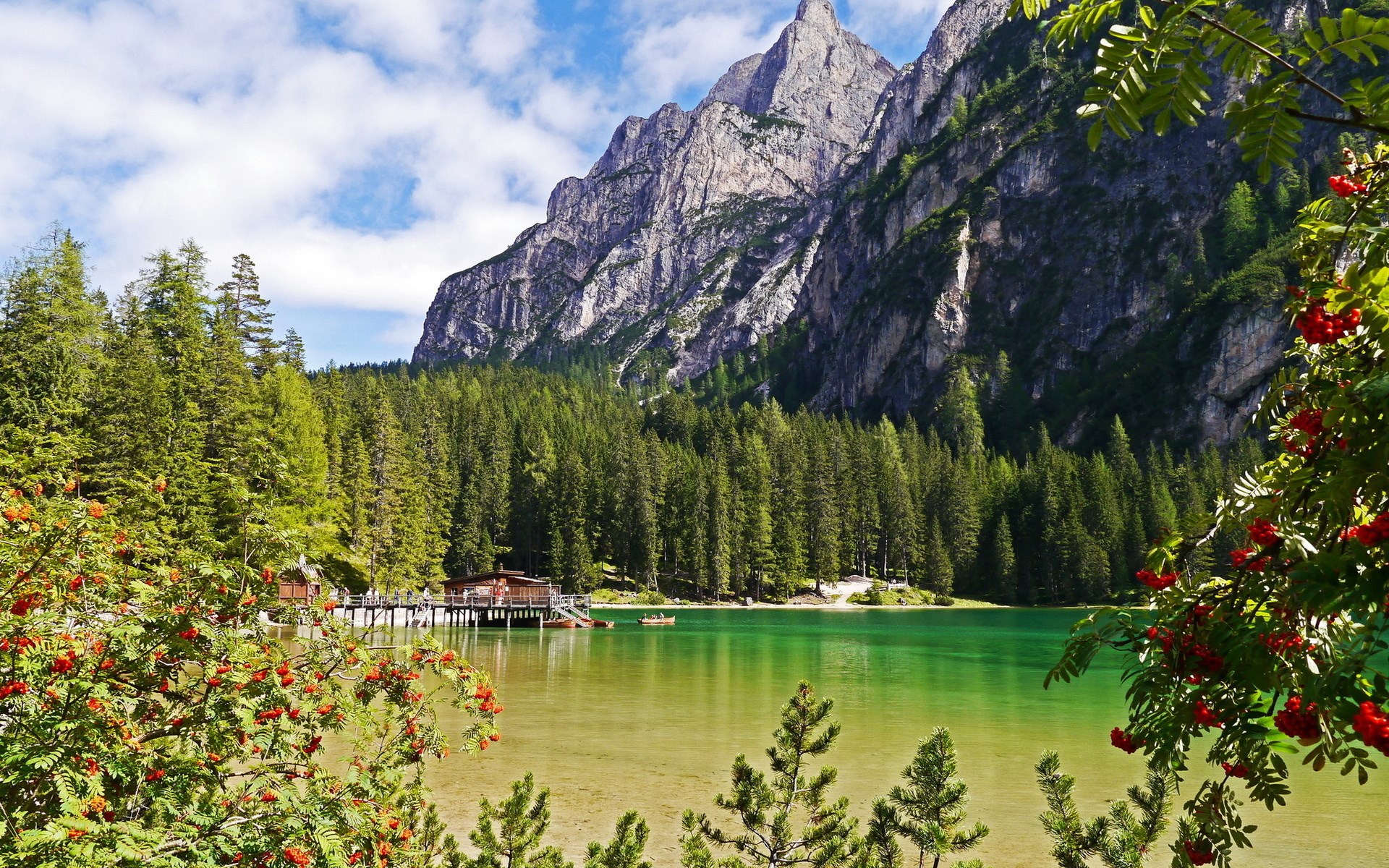 Mountain lake with pier and trees HD Wallpaper
