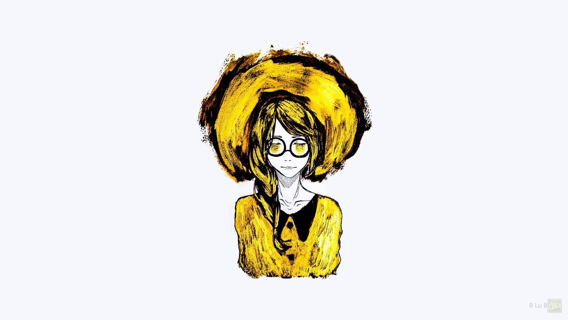 Illustration of a girl with large yellow hair and glasses HD Wallpaper